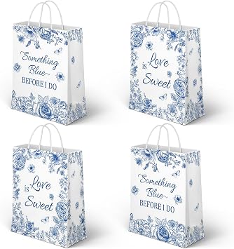 Lofaris Bridal Shower Gift Bags 16PCS Something Blue Before I Do Bachelorette Party Paper Bags, 6x3x8 Inch, Elegant Blue Floral Wedding Favor Bags for Candy, Cookies, Small Gifts