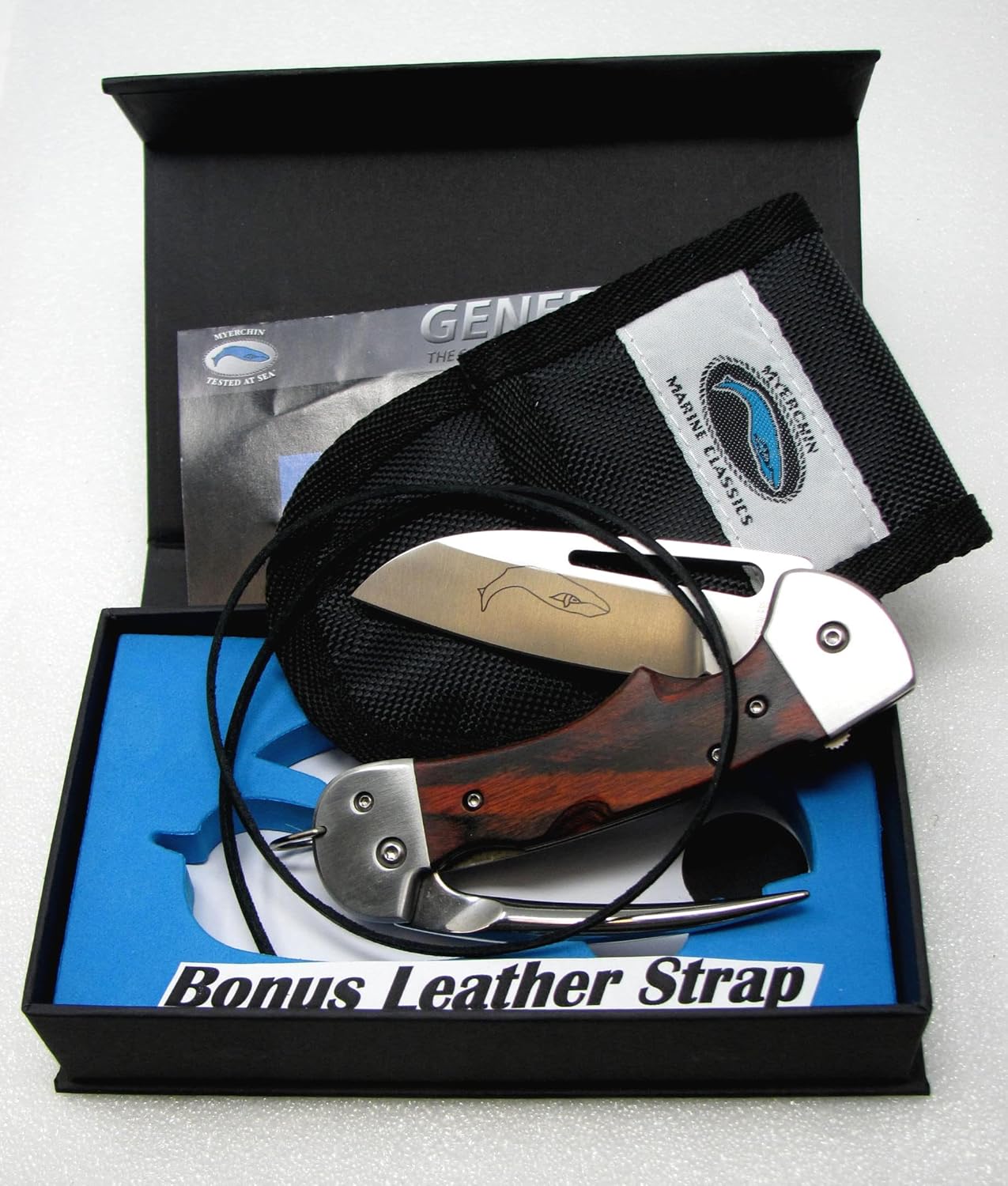 BONUS LEATHER LANYARD STRAP Myerchin Knives Hardwood Handle Sheepfoot Blade & Marlinspike WF300 Professional Tested at Sea Captain Rigging Knife BONUS Leather Lanyard Strap