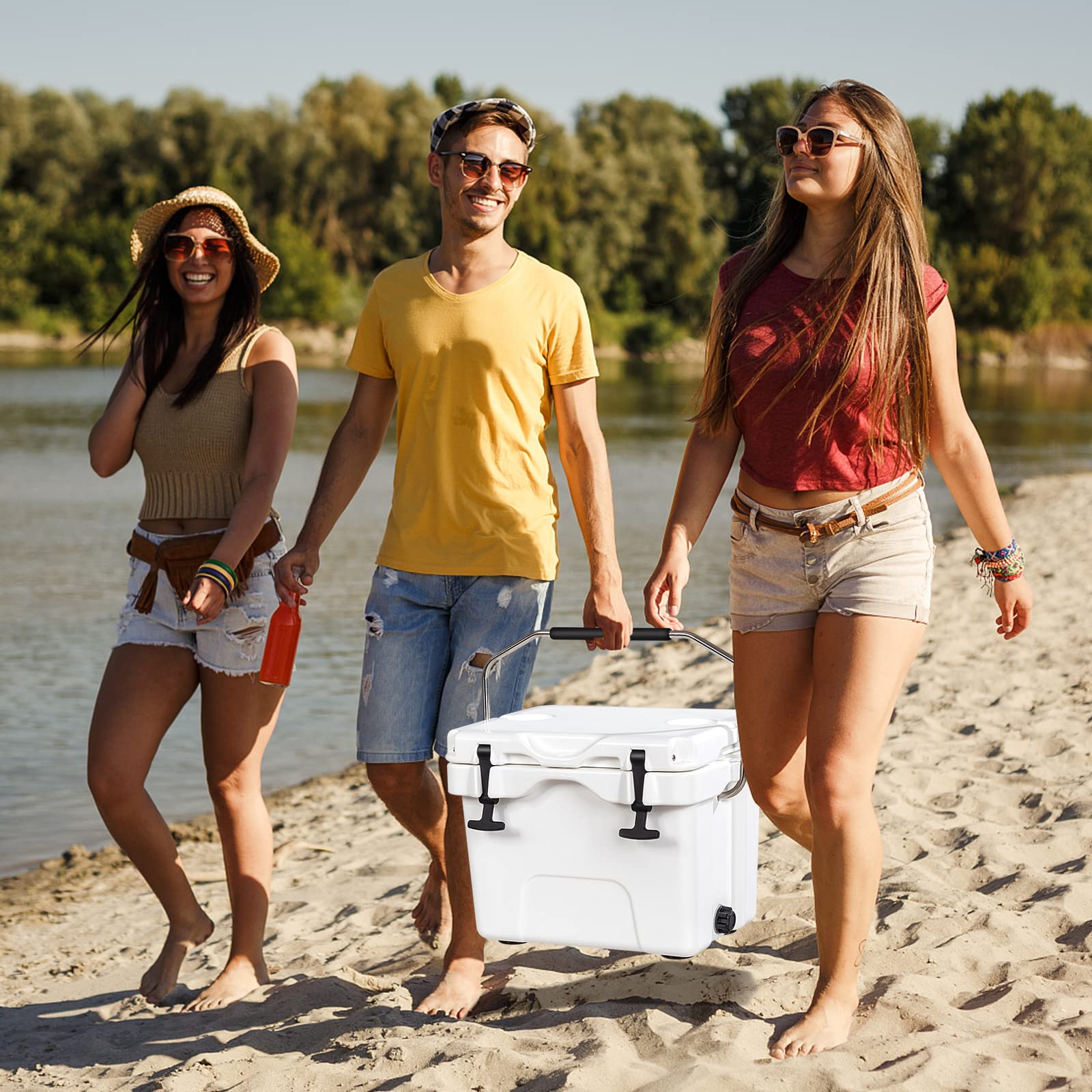 COSTWAY Nevera Portátil de 15 L, Nevera Playa Resistente con Mango, Tapón de Drenaje y 2 Portavasos, Retención de Hielo de 3-5 Días para Alimentos y Bebidas, Ideal para Acampar, Pescar
