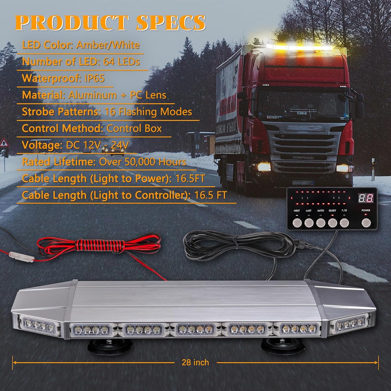 28" Amber White Rooftop Strobe Light Bar Emergency 64 LED Warning Hazard Caution Traffic Lightbar Upgrade Magnetic Mount for Security Construction Vehicles Tow Trucks Postal Cars Snowplow Patrol