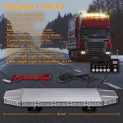 Miniatura 7 de Barra de luz estroboscópica blanca ámbar de 28 pulgadas, luz estroboscópica de emergencia, 64 LED, advertencia de peligro, barra de luz de tráfico,