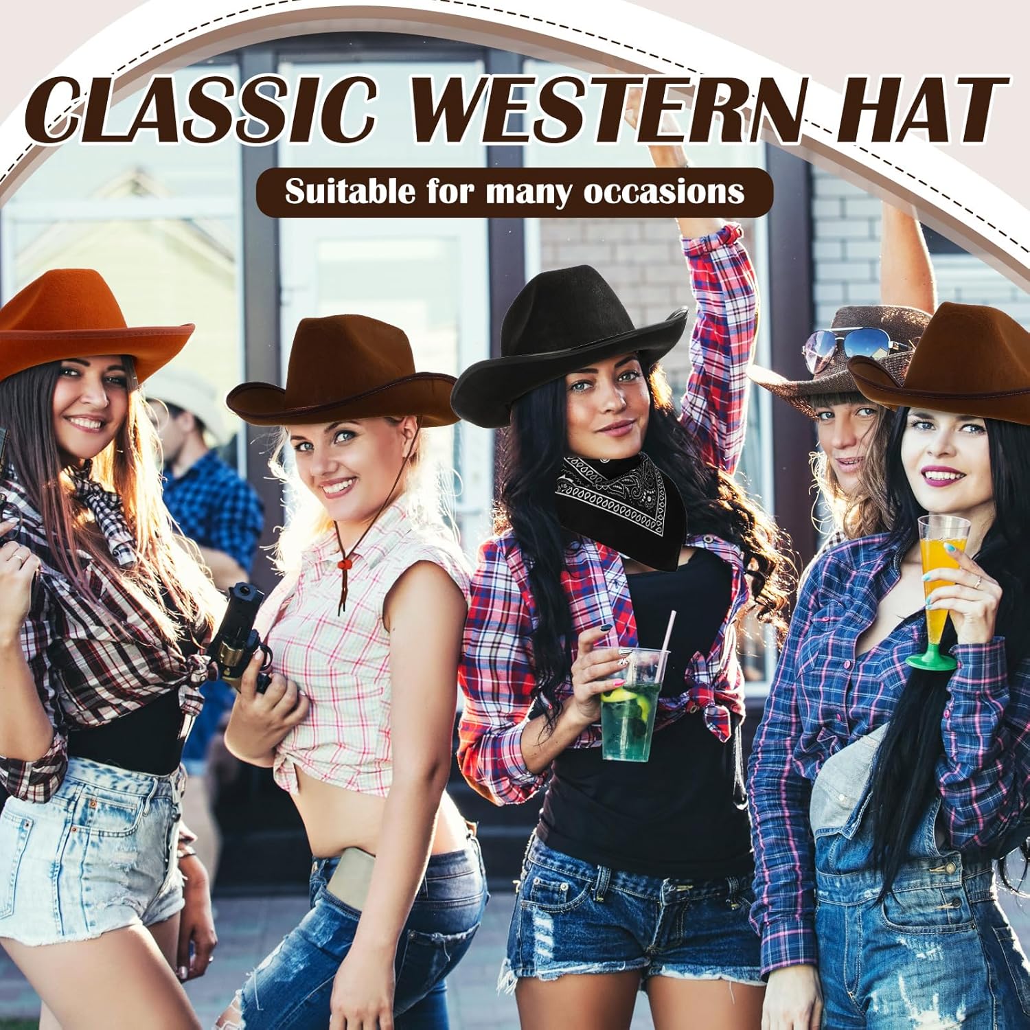 6 Sets Adult Cowboy Hat for Women and Men Western Cowgirl Hats with Adjustable Drawstring and Cowboy Party Paisley Bandana - Image 7