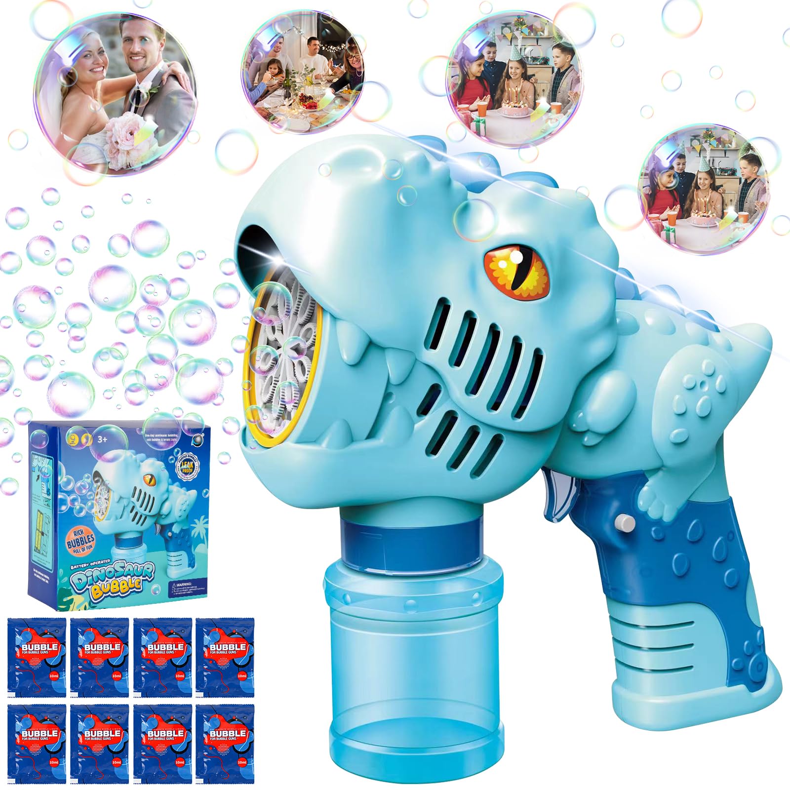 DAOUZL Dinosaurios Máquina de Burbujas, Pistola de Burbujas para Niños 10000+ Burbujas/Minuto, Pistola Pompas de Jabon Niños con 100ml solución y 8X 10ml Concentrado de Burbujas (BLU)