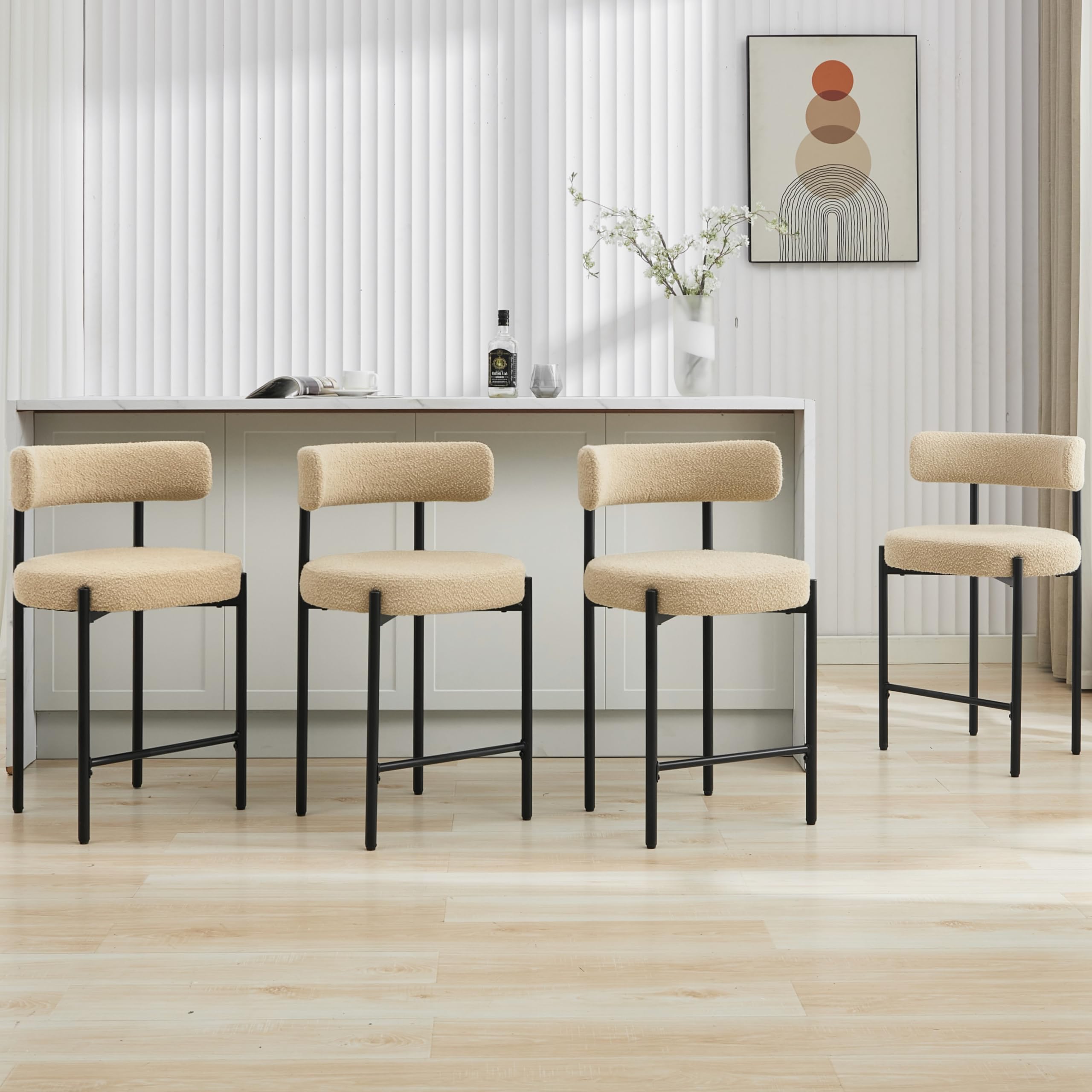 Arvasslia 24'' Boucle Bar Stools Set of 4, Beige Bar Stools with Backs, Counter Height Bar Height Stools for Kitchen Island, Upholstered Bar Chairs