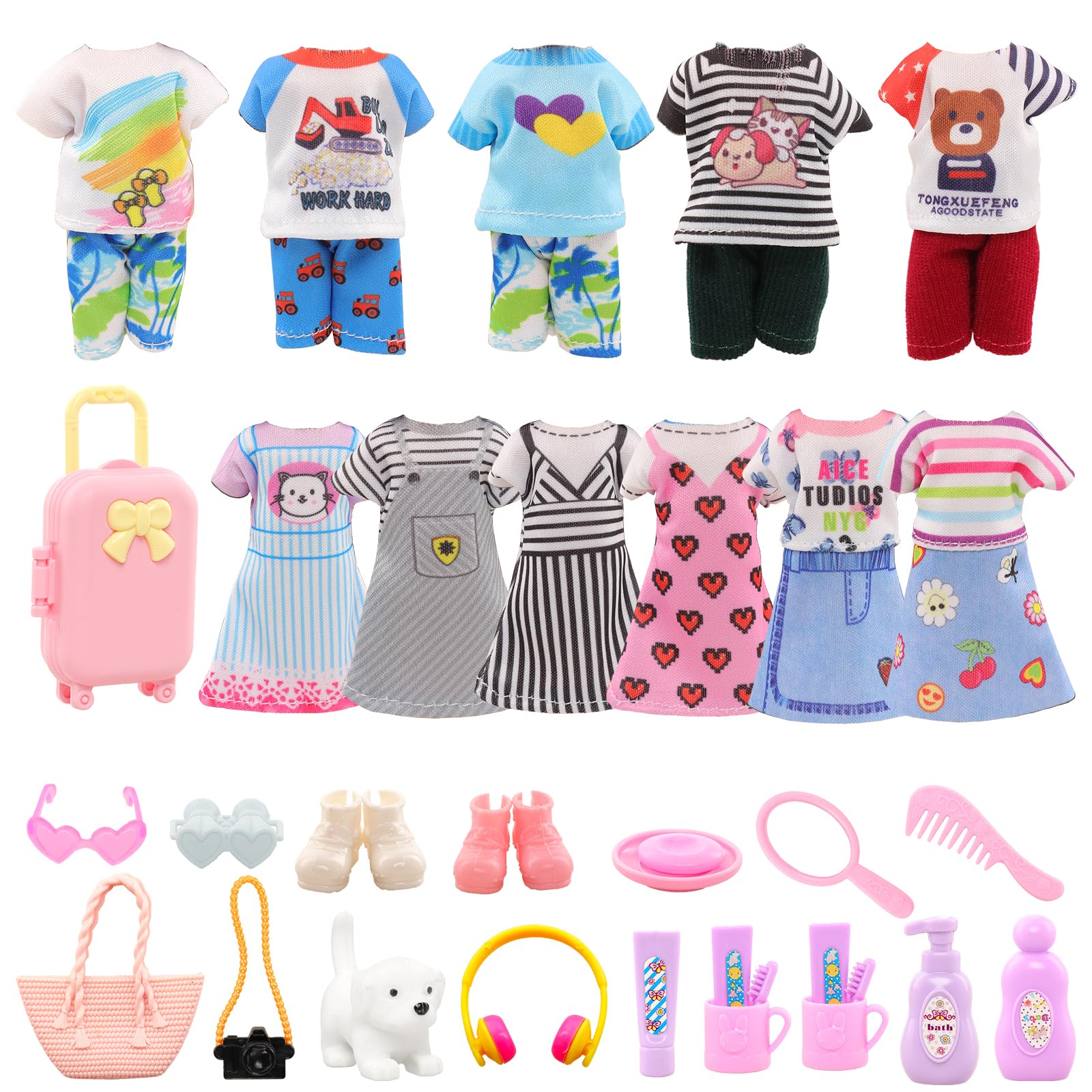 Miunana 29 Doll Clothes and Accessories Outfits for 6 Inch Doll Suitcase Sweet Dresses Tops Pants Shoes Accessories Shoes Headset Travel Set for 15cm Doll Girl Gift