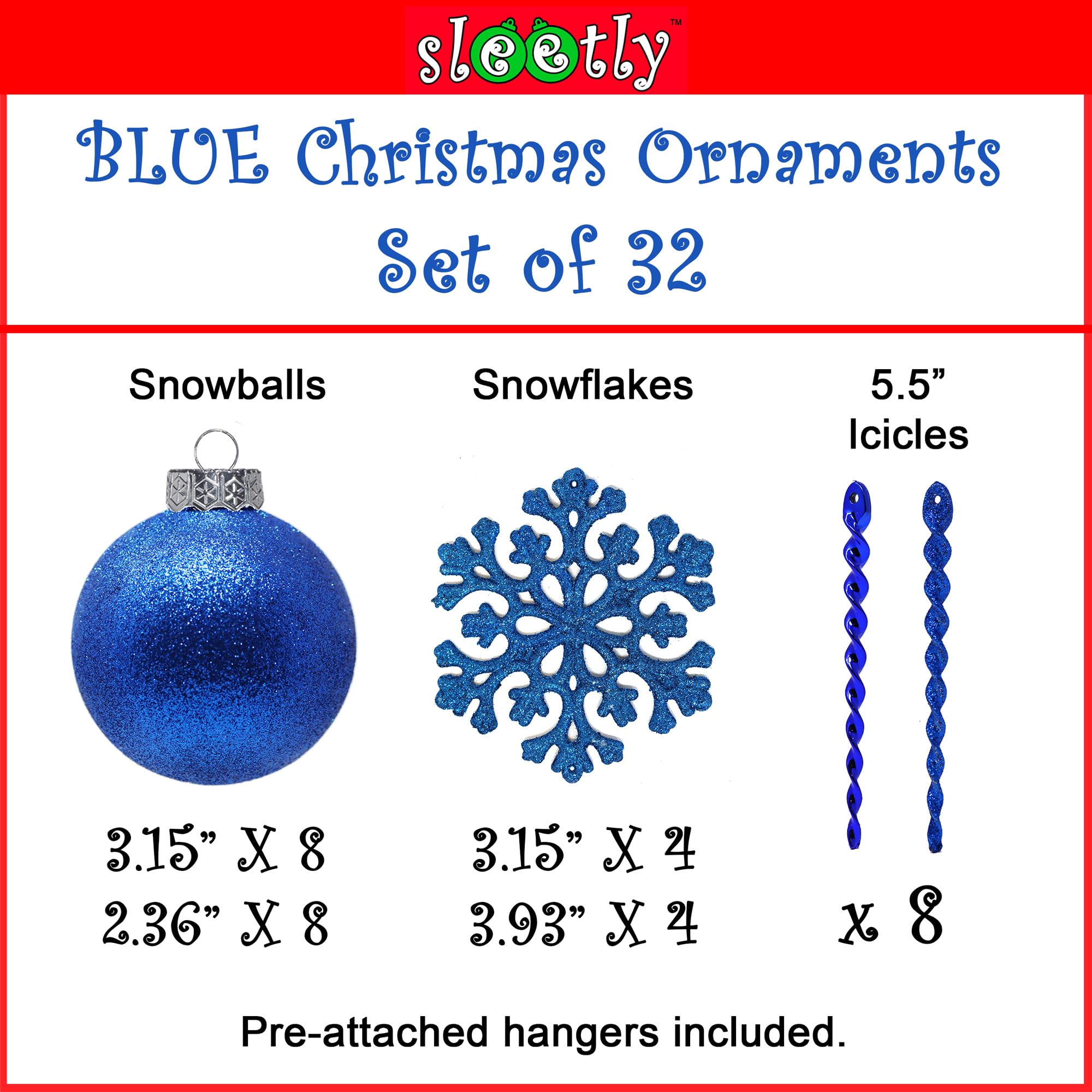 SLEETLY Blue Christmas Ornaments for Farmhouse Tree Holiday Xmas Decorations for Christmas, Shatterproof Plastic 3.15/2.36 Inch Glitter Snow Balls, Icicles and Snowflakes, Ornament Set of 32