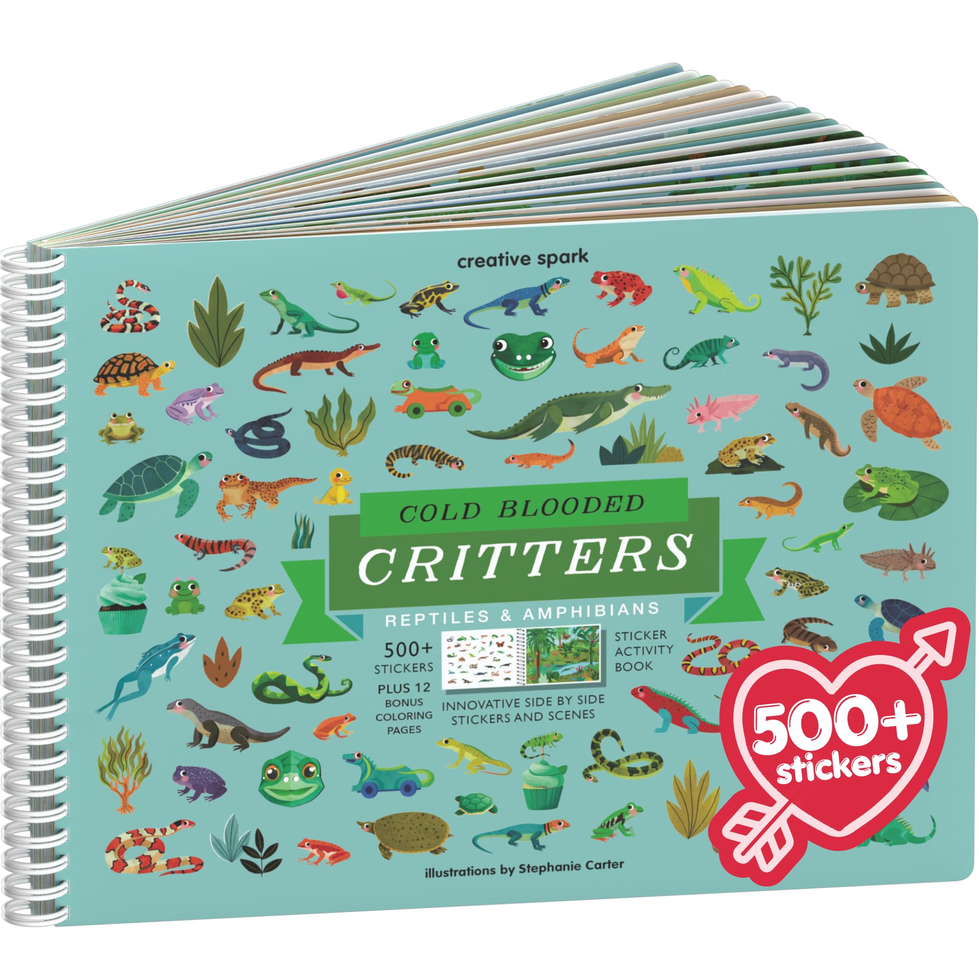 Reptiles Sticker Book Activity for Kids, Toddler Airplane Travel Essentials, 500+ Frog Stickers for Kids + 12 Scenes + 12 Coloring Book Pages, Turtle Lover Gift, Crafts Ages 2-8