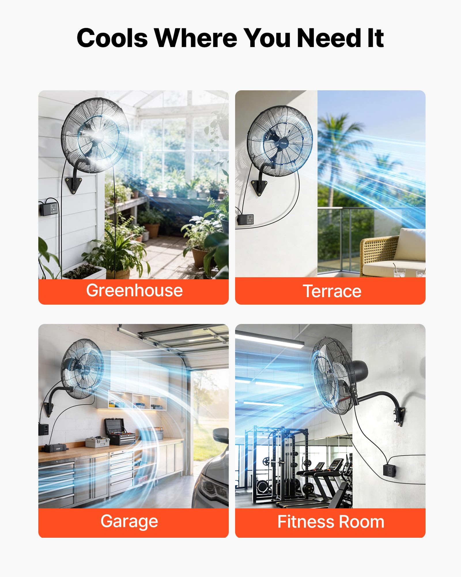 VEVOR Ventilador de Pared con 3 Velocidades, Nebulización, Control Remoto y Termostato, IP44, Ventilador Industrial Oscilante de Acero al Carbono para Exterior, Taller, Invernadero, Ganadería, Garaje