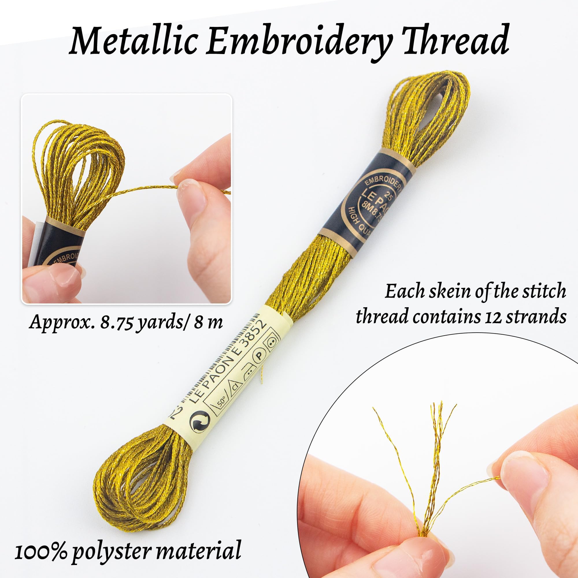 krastmon 6 Skeins Embroidery Thread, 3 Colors Metallic Embroidery Floss Set, Polyester Cross-stitch Threads for Hand Embroidery, String Art