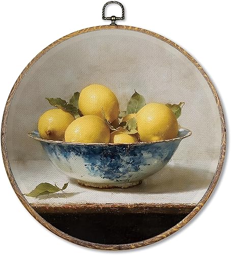Sufamb Decoración de pared redonda de limón vintage de granja, lienzo retro de limón enmarcado, decoración rústica de naturaleza muerta para colgar