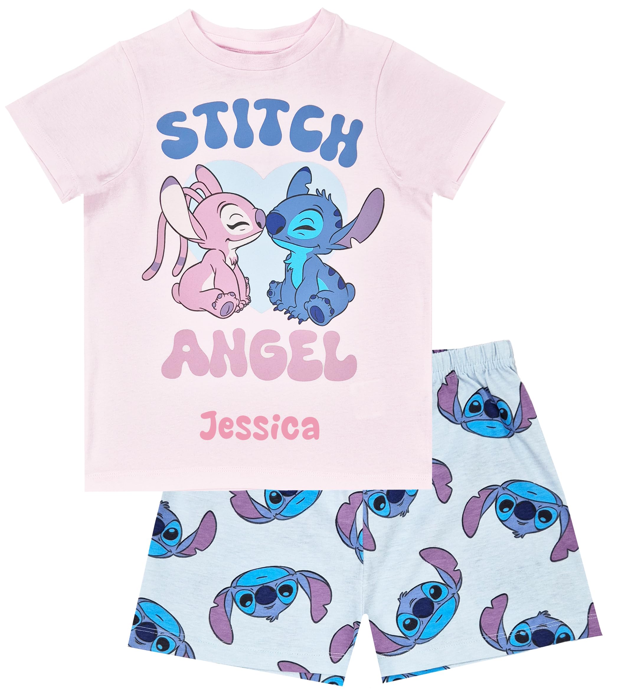 Disney Girls Personalised Stitch & Angel Shorty Lilo & Stitch Personalised Short Pyjamas Angel Character Nightwear (, 9-10 Years)