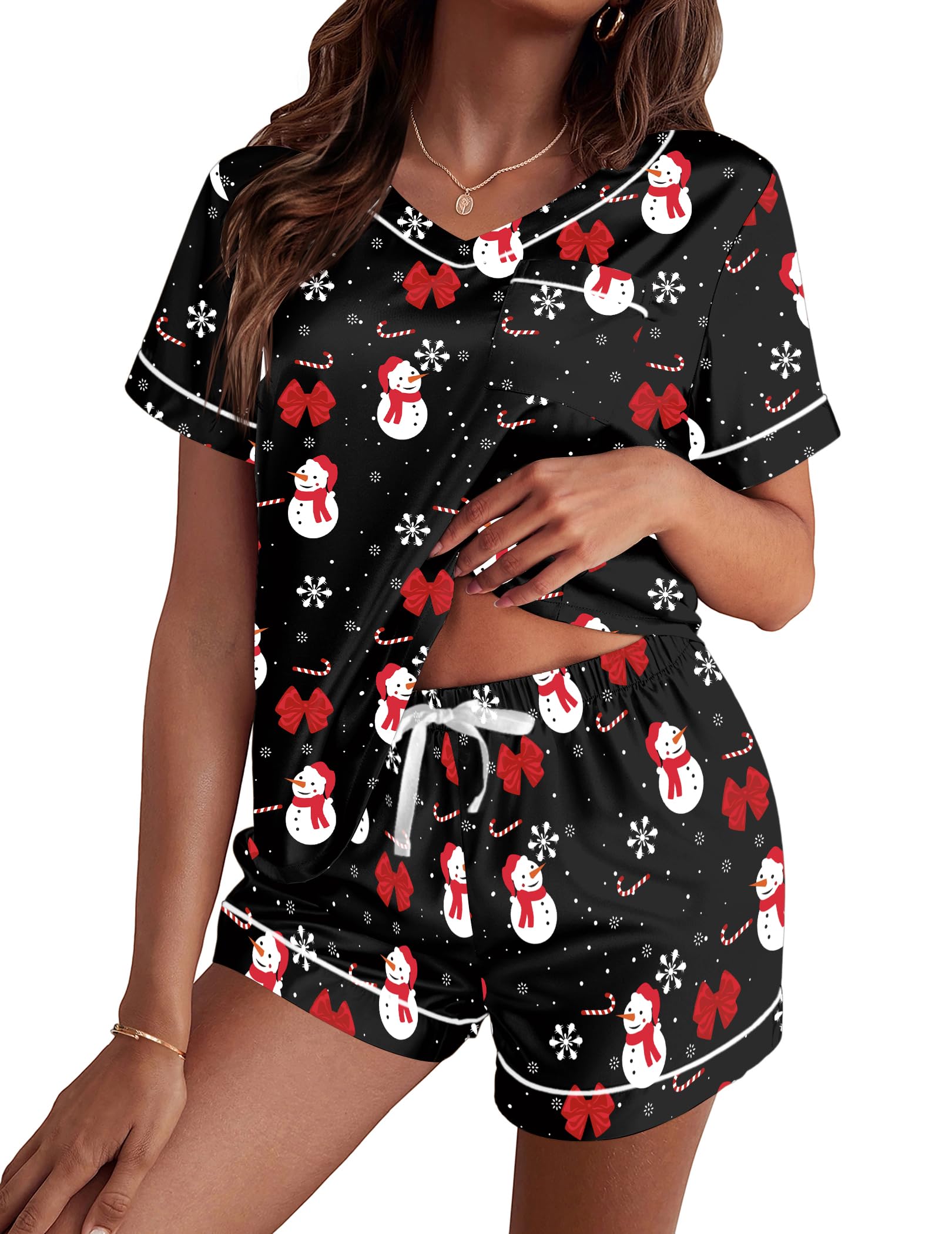 Ekouaer Silk Pajama for Women Short Sleeve Satin Pj Set Two Piece Soft Sleepwear Loungewear, S-XXL X-Large A-black Snowman