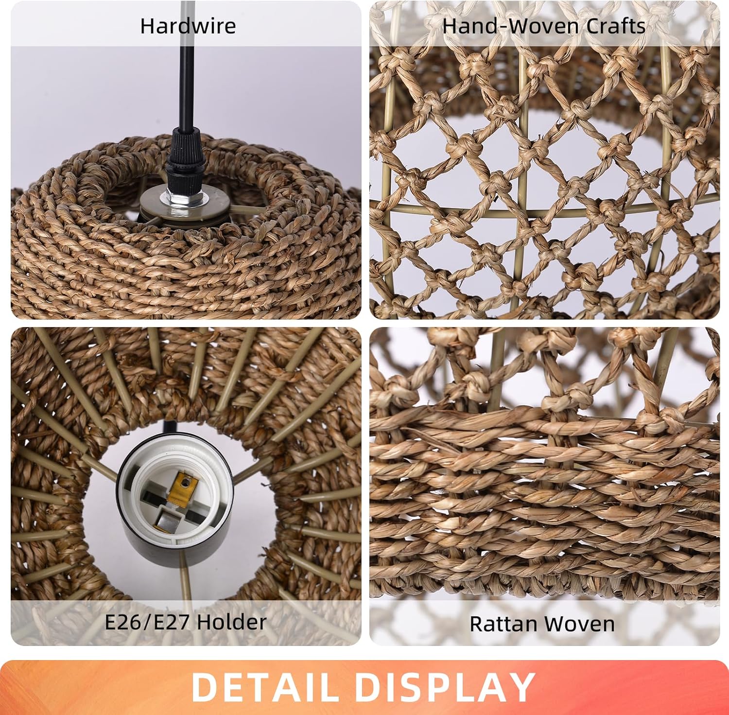 Arturesthome Boho Round Pendant Light,1-Light Rattan Chandelier Hand-Woven Wicker Pendant Light Coastal Beach Ceiling Hanging Light for Kitchen Island Living Room W 19.68"