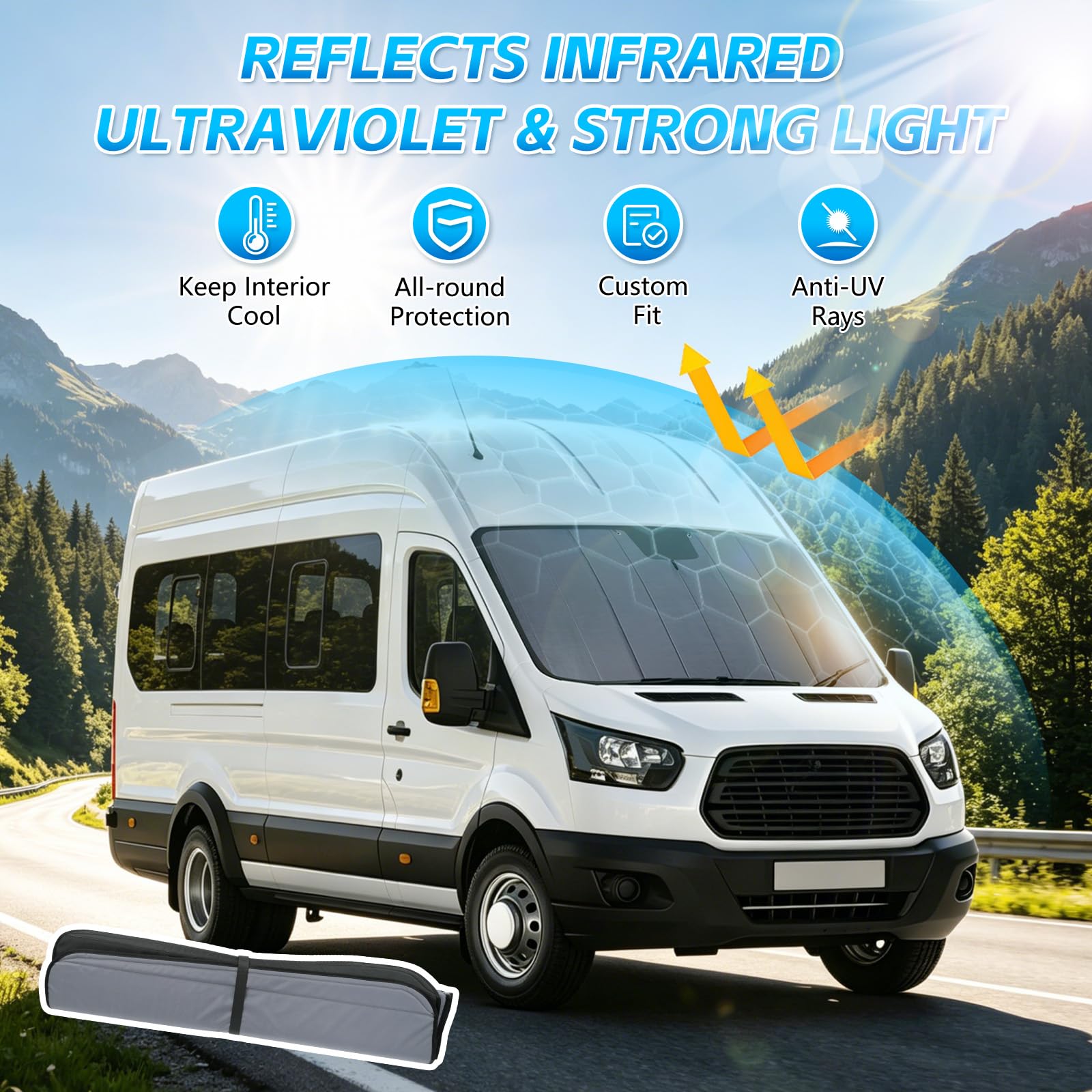Parasoles Parabrisas Compatible con F-ORD Transit MK8 2015-2026 Protector Solar Coche Plegable Interior Protección Solar UV Reflectante Anti Calor y Polvo