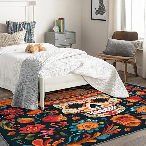 Miniatura 2 de Alfombra de calavera de azúcar y decoración del hogar, alfombra mexicana de 6 x 8 pies, alfombra mexicana para sala de estar, dormitorio, alfombra