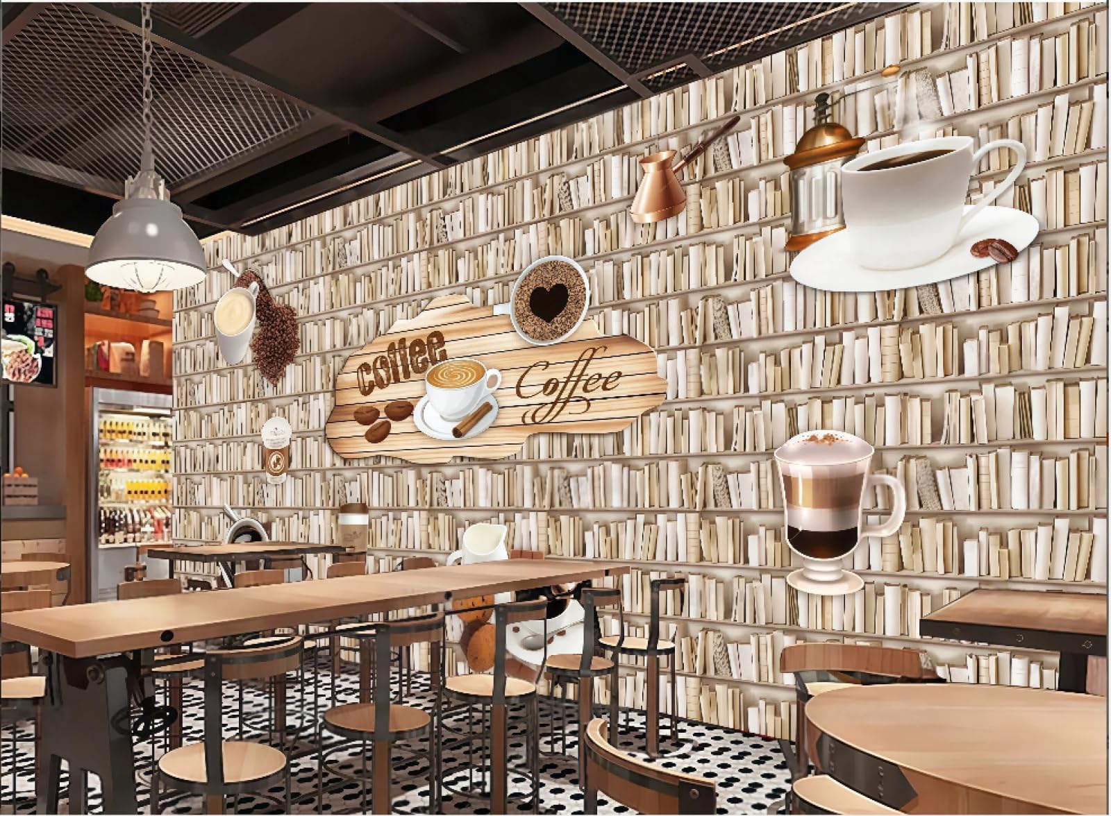 XDOUBAO Wallpaper Retro Personality Coffee Book Wall Theme Dessert Shop Afternoon Tea Western Restaurant Background Wall Wallpaper Coffee Shop Mural,3D,300x210cm