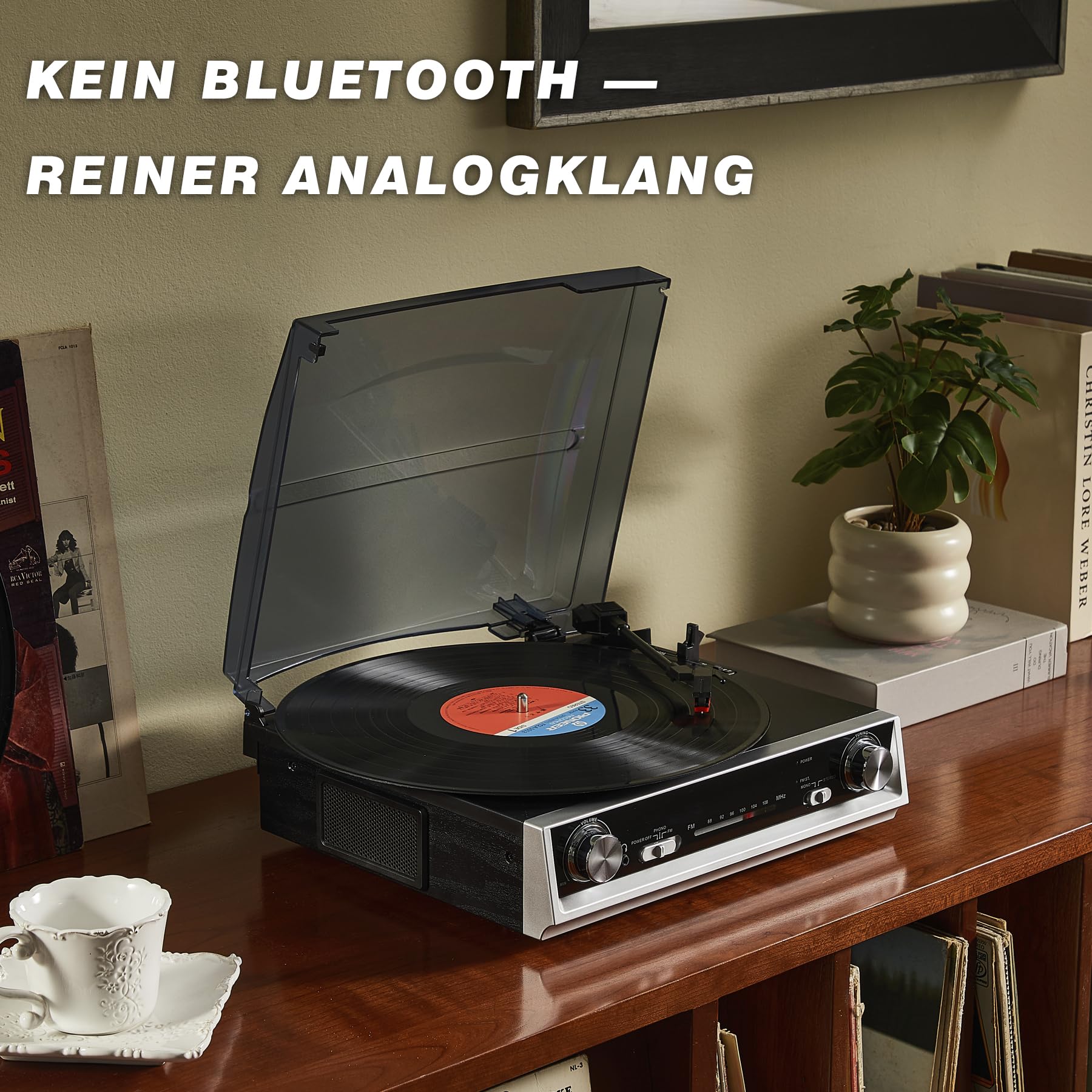 Vintage All-in-One Schallplattenspieler mit eingebauten Lautsprechern, 3-Geschwindigkeiten 33/45/78 U/min, FM-Radio, RCA & Kopfhörer-Ausgang, Schwarzes Holz — Kein Bluetooth