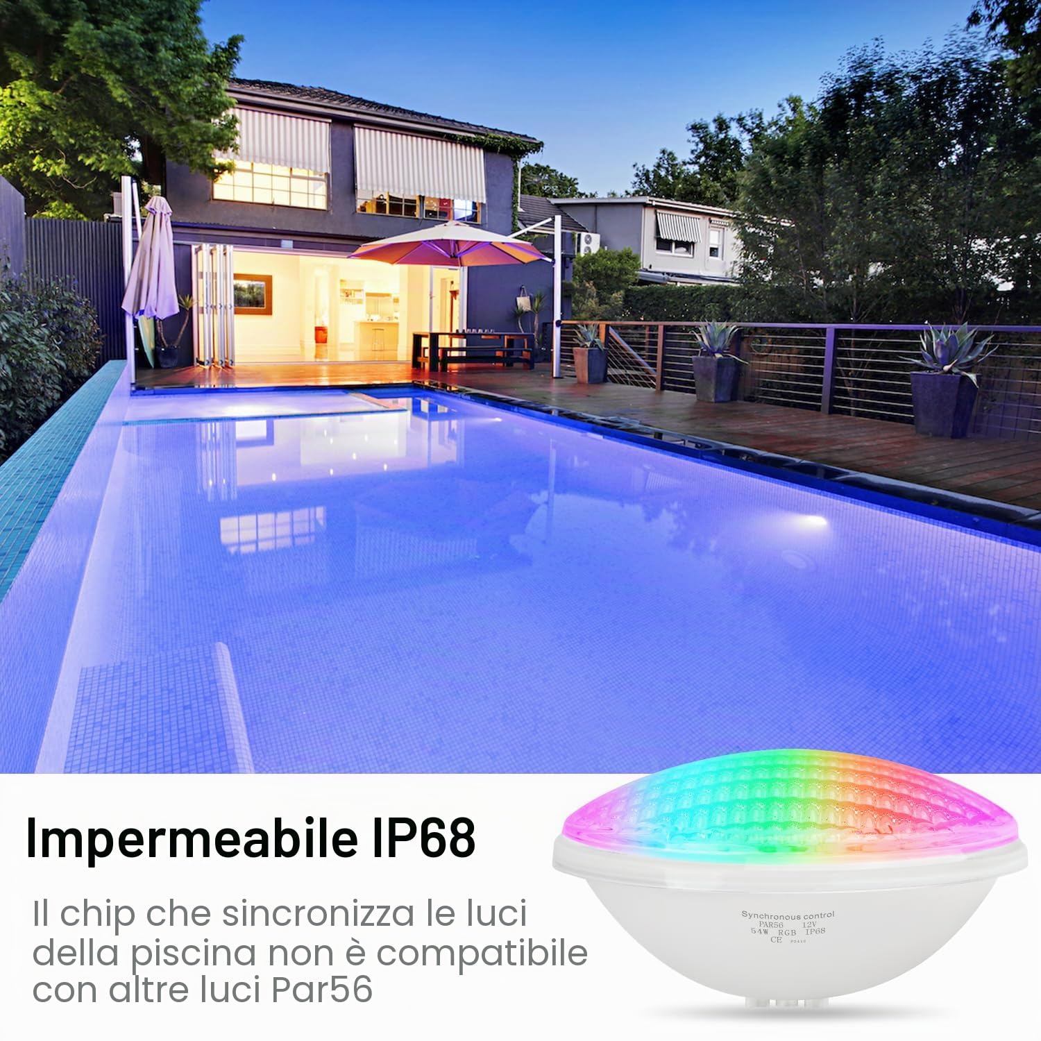 54W LED Illuminazione Piscina PAR56, 12V RGB Timing 2/4/6H Luce Impermeabile, Sincronizzazione Esterna con Telecomando, IP68 Impermeabile Lampada Piscina con Telecomando (2 pezzi)