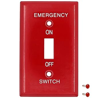 Emergency Red Light Switch Cover Guard, Toggle Switch Wall Plate, 1-Gang Standard Size, Heavy Duty, Red Metal, With White Silk-Screened Lettering, Code Compliant, Noticeable