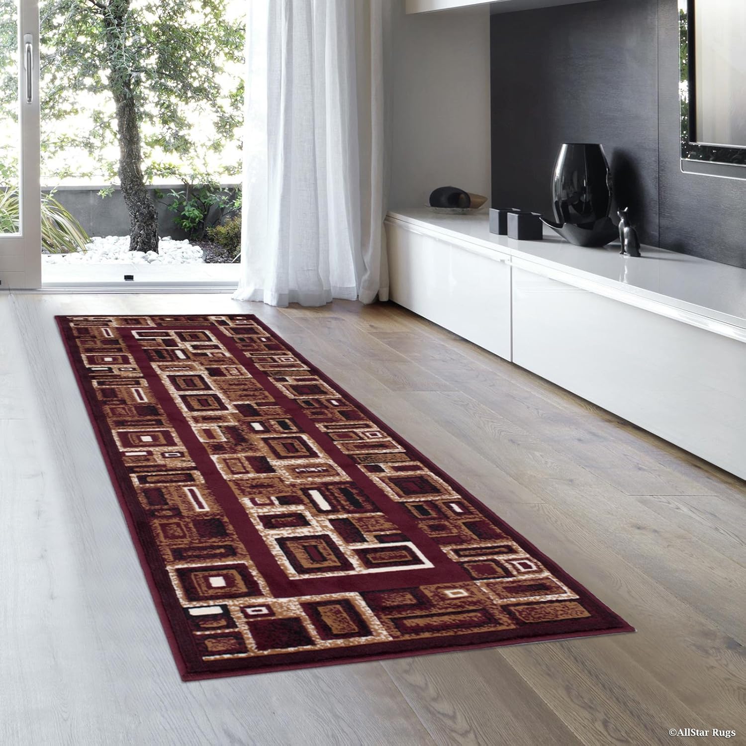 Allstar 2x7 Burgundy and Ivory Abstract Machine Carved Runner with Mocha and Espresso Geometric Design (1' 11" x 7' 1")