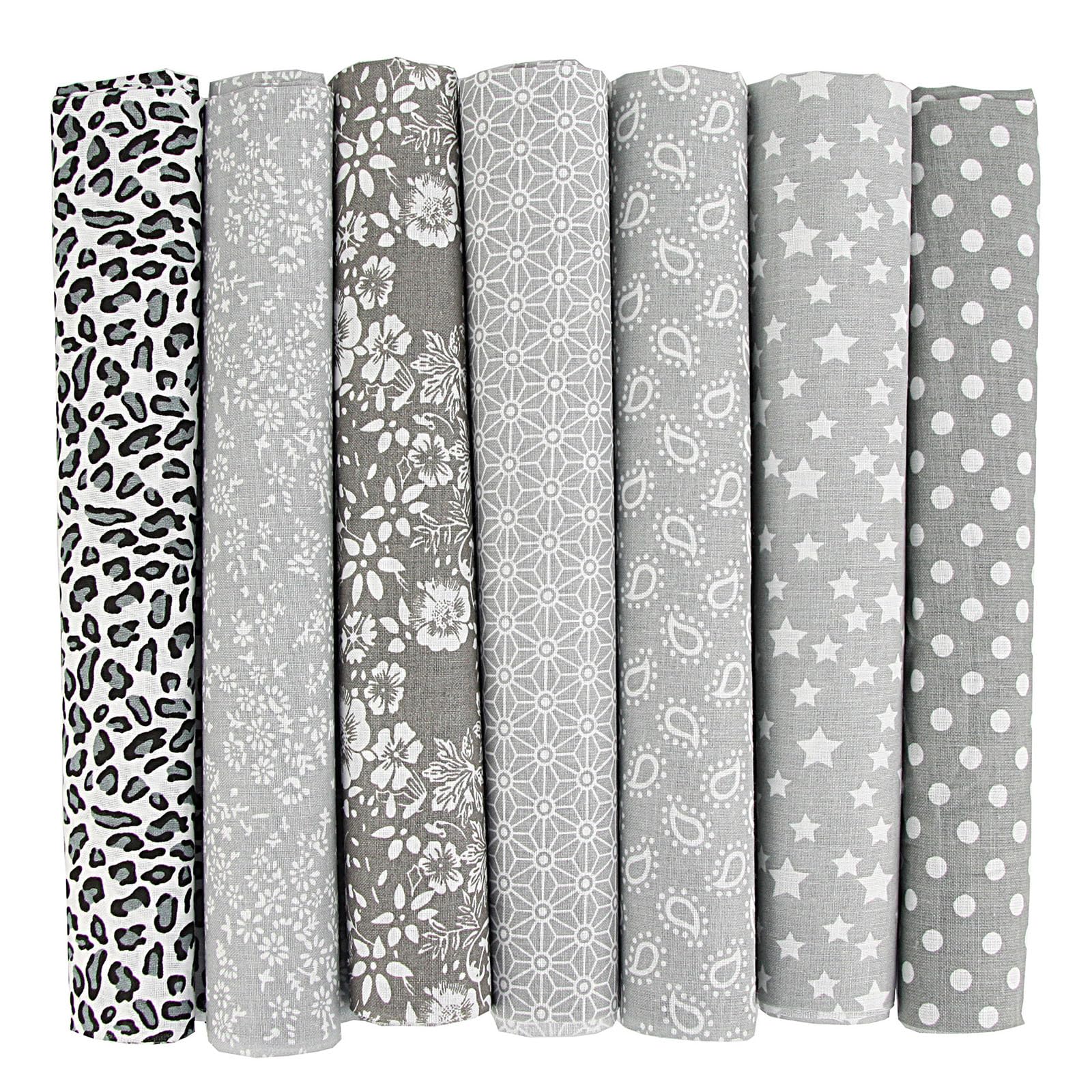 7er Set Baumwollstoff 50x50cm – Stoffe zum Nähen, Patchwork Stoffe, Stoffreste – DIY Stoff für Basteln, Quilten, Deko & Puppenkleidung – 100 % Baumwolle, Verschiedene Designs (Grau, 50x50cm)