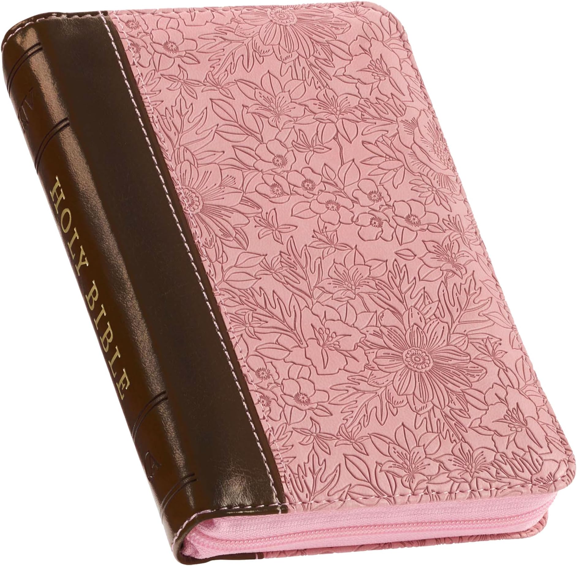 KJV Holy Bible, Mini Pocket Size, Faux Leather Red Letter Edition - Ribbon Marker, King James Version, Pink/Saddle Tan, Zipper Closure