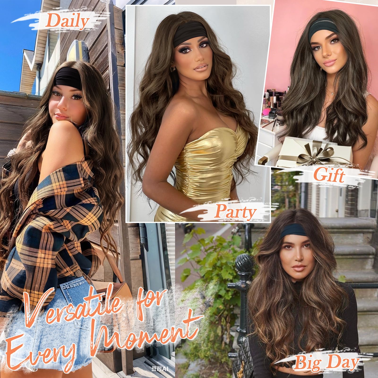 BARSDAR Ondulée Brun Clair Bandeau Perruque, 66cm Longue Body Ondulée Synthétique Headband Perruque pour Femme Hair Wig D'aspect Naturelle Glueless Easy Wear Cheveux Perruques