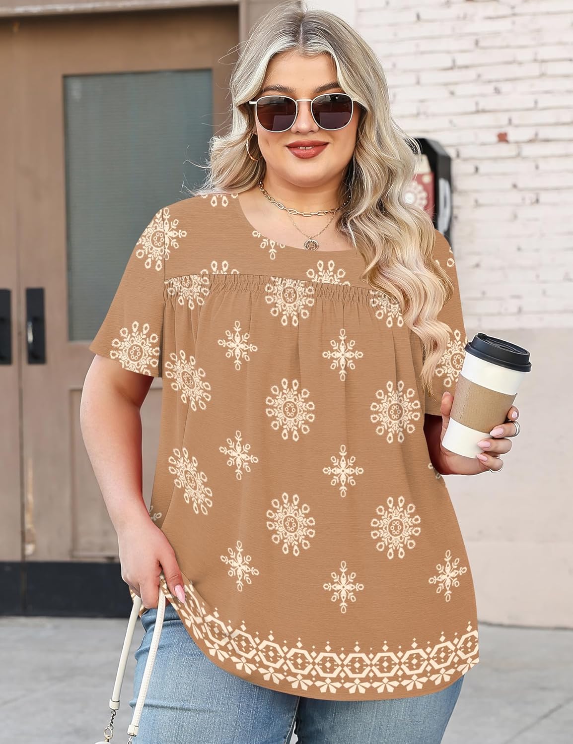 Micoson Womens Plus Size Tops Short Sleeve Dressy Chiffon Blouses Crewneck Shirts Loose Flowy Pleated Tunic - Image 3