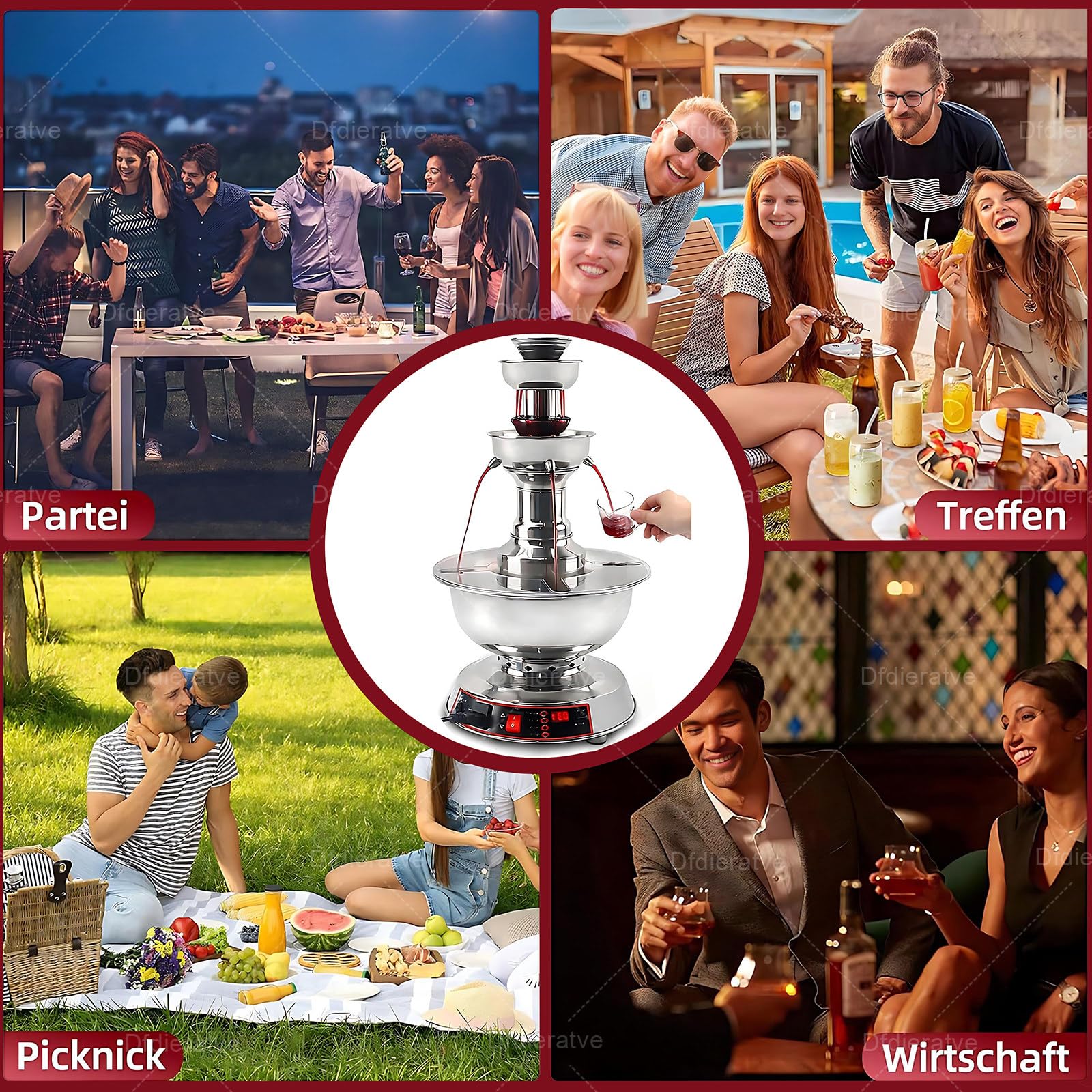 Máquina de fuente de vino comercial de 3 niveles con control de temperatura para dispensar bebidas en eventos