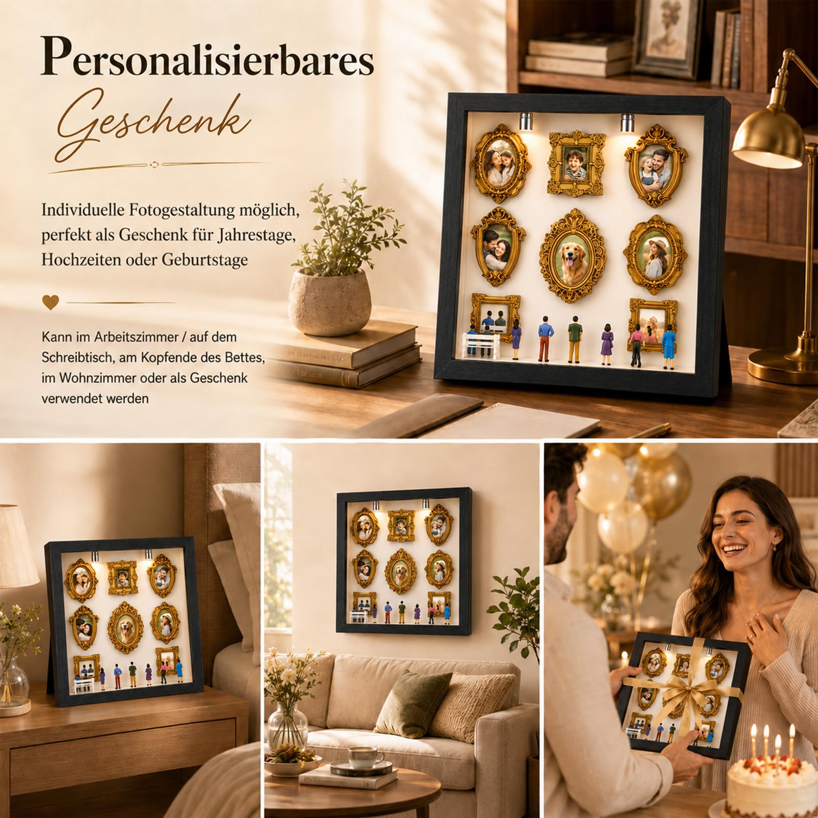 DIY Mini Museum Silhouette Box Set mit LED Licht – 8 Goldene Rahmen & 8 Figuren, Museum of Us, Mini Bilderrahmen Vintage, Miniatur Bilderrahmen für Geschenk,Idee für Jahrestag Geschenke Freunde