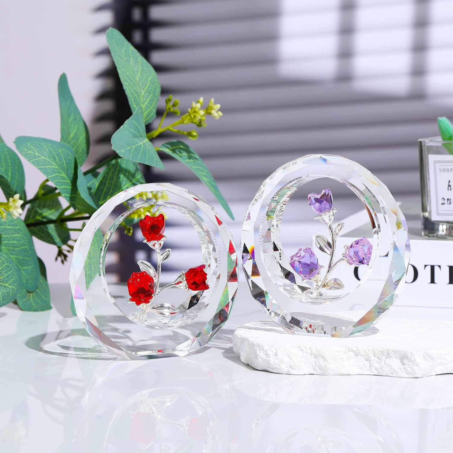 Purple Rose Flower Crystal Figurine with Vase - Bouquet Flowers Ornament Gifts for Wife Girlfriend Women - Handmade Crystal Flower Collectible Home Table Decor ​for Valentine's Day Wedding Anniversary - Image 4