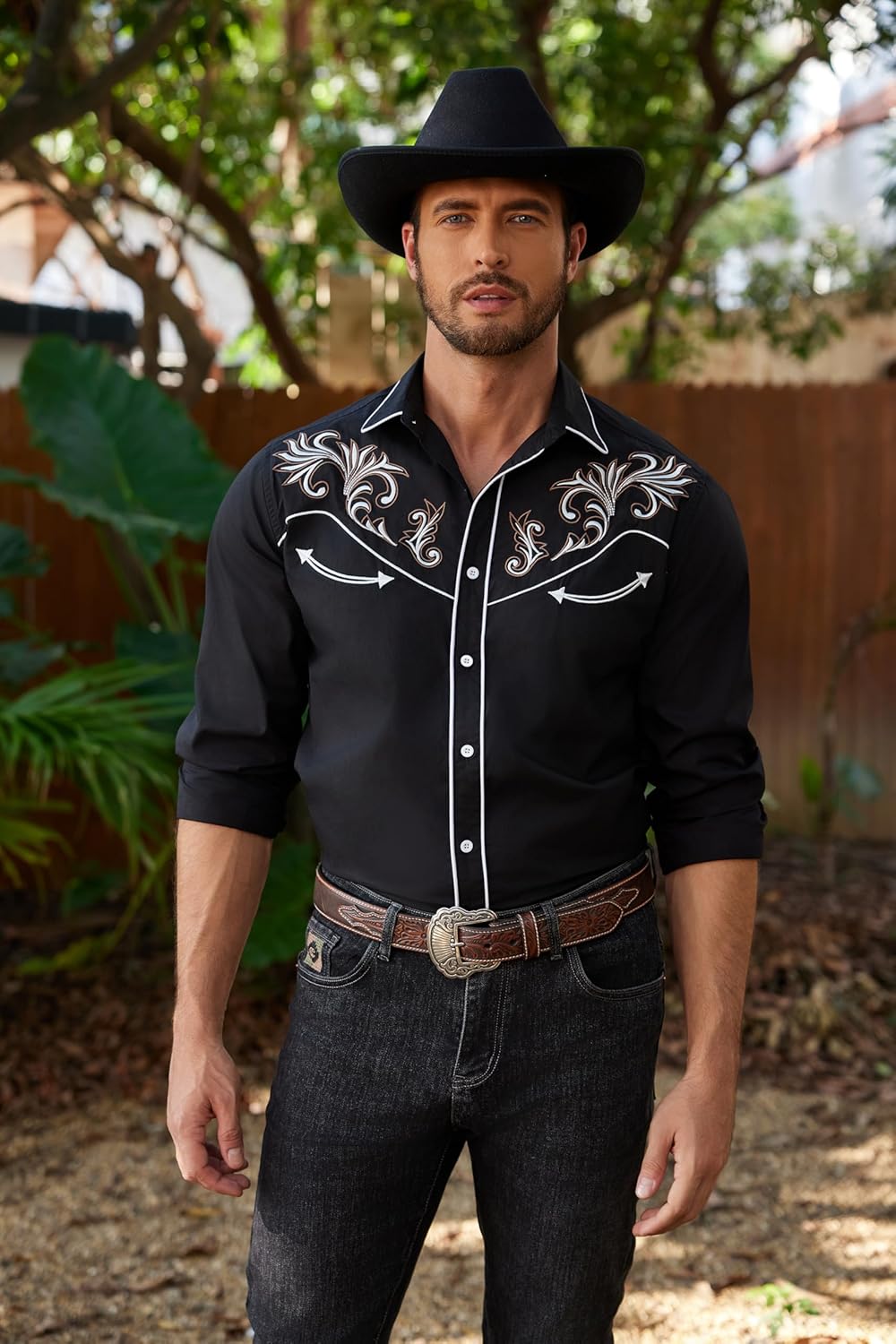 COOFANDY Men's Western Cowboy Shirt Long Sleeve Embroidered Shirt Slim Fit Cotton Casual Button Down Shirt - Image 4