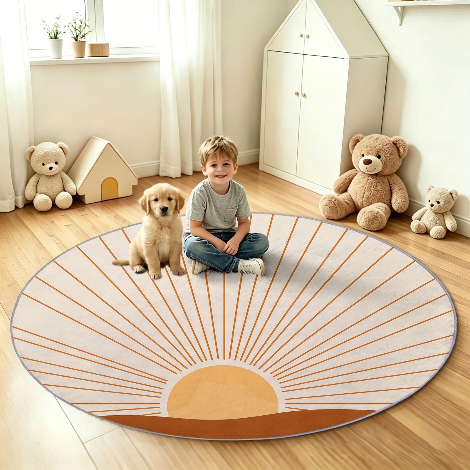 Tappeto rotondo lavabile, 90 cm, stile bohémien, morbido, con stampa astratta rossa dei raggi del sole, antiscivolo, per ingresso, soggiorno, camera da letto, accanto al divano e all'ufficio (beige)