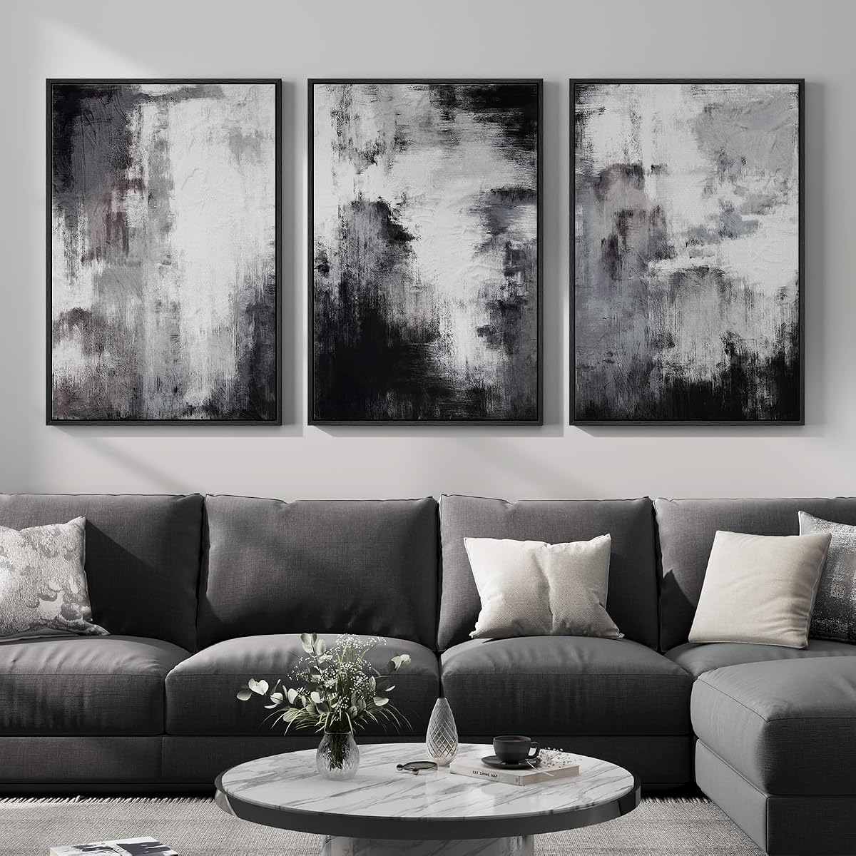 Large Framed Black White Gray Abstract Wall Art for Living Room, 24x36 Inch
