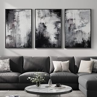 Framed Black and White Abstract Wall Art for Living Room, Large 3 Piece Modern Grey Canvas Artwork for Walls, Minimalist Abstract Prints Pictures Home Office Dining Room Hallway Wall Decor, 24x36 In