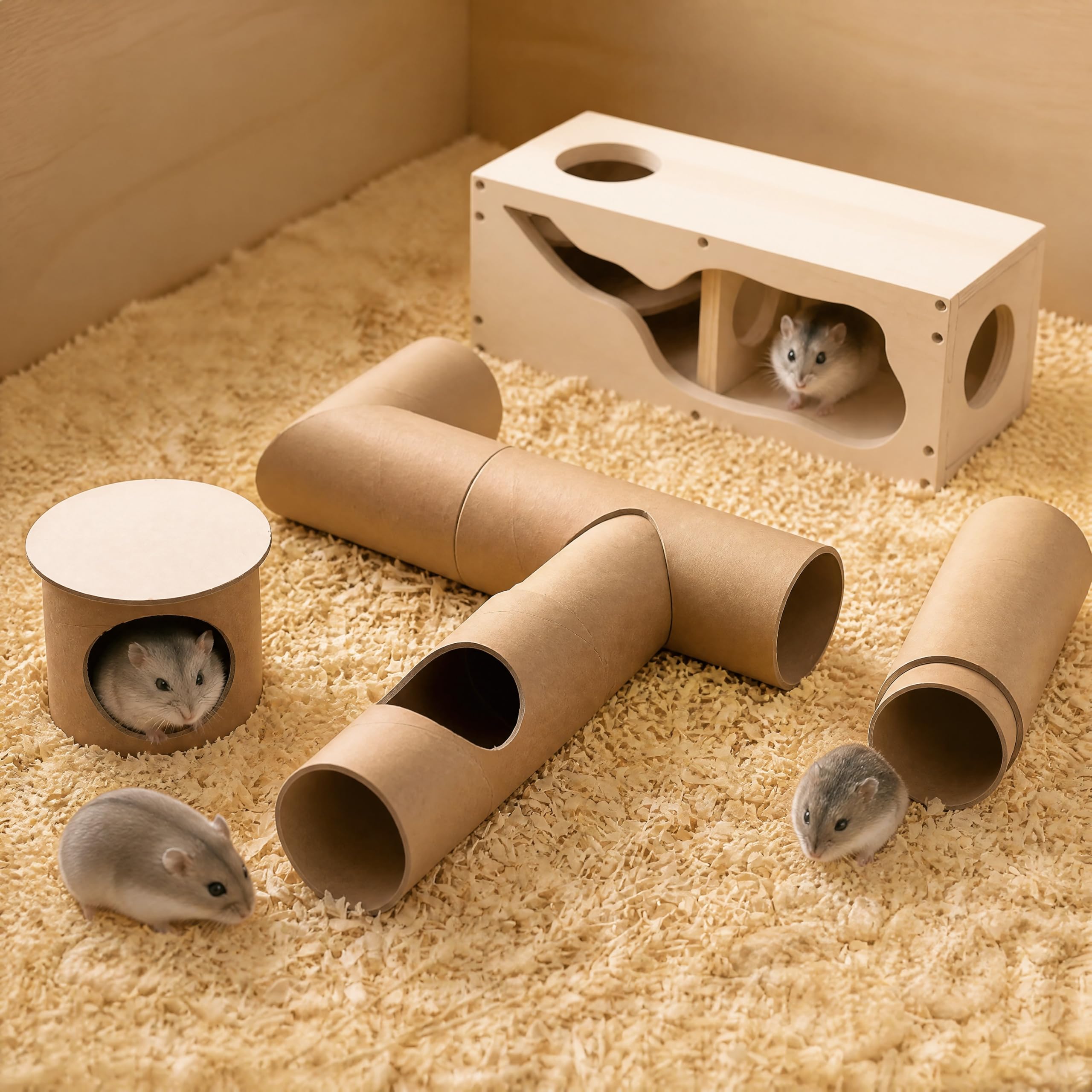 AceOrbit Hamster-Tunnelröhren und Holzhaus-Set, Composable DIY Hamstertunnel und Versteck Kleintierrohr für Mäuse, Rennmäuse, Mäuse oder andere Kleintiere Lebensraum