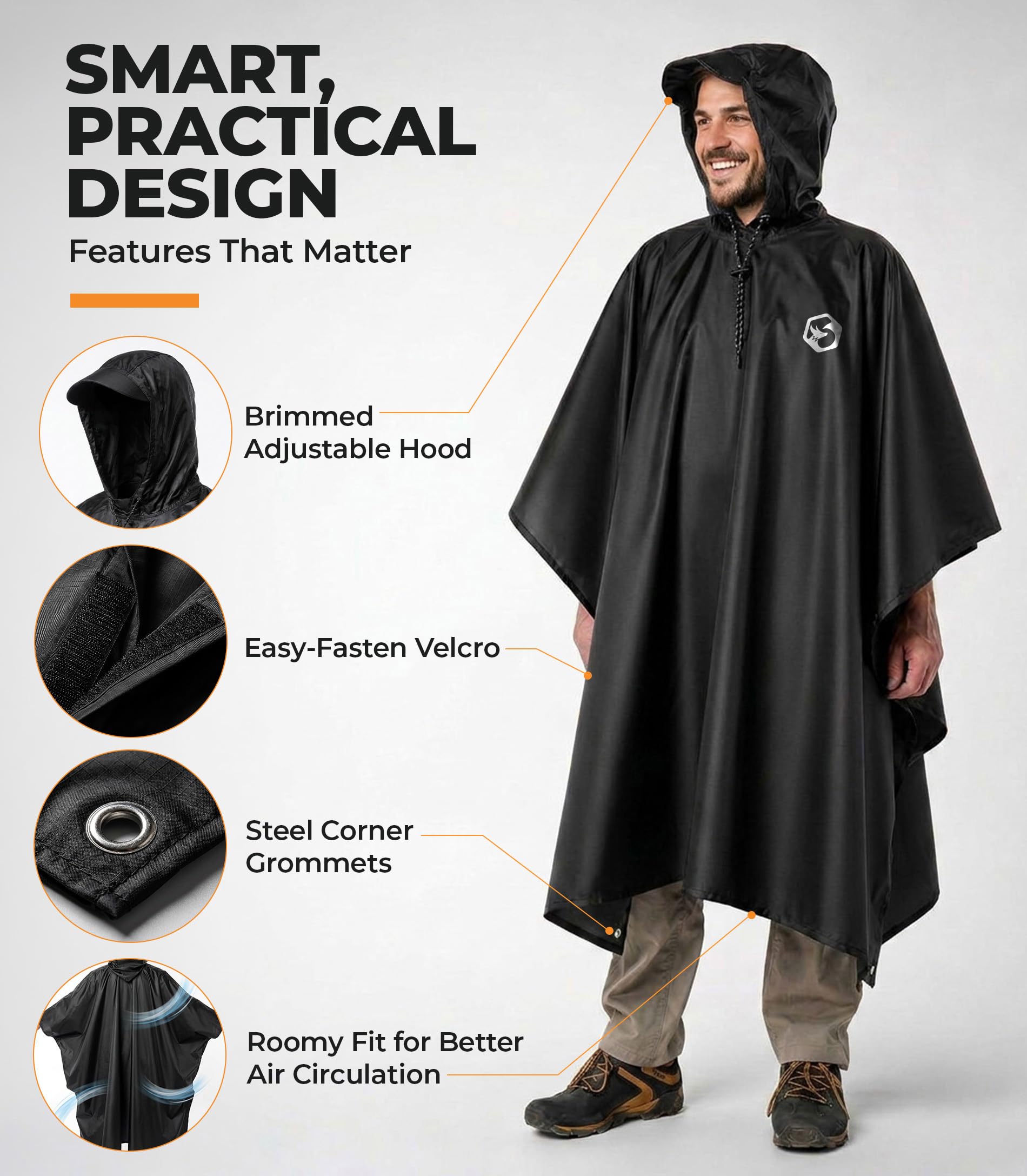 Foxelli Poncho de lluvia con capucha para adultos – Chubasquero impermeable, reutilizable, extra largo, para hombre y mujer, equipo ligero, negro, talla única, Negro , Talla única