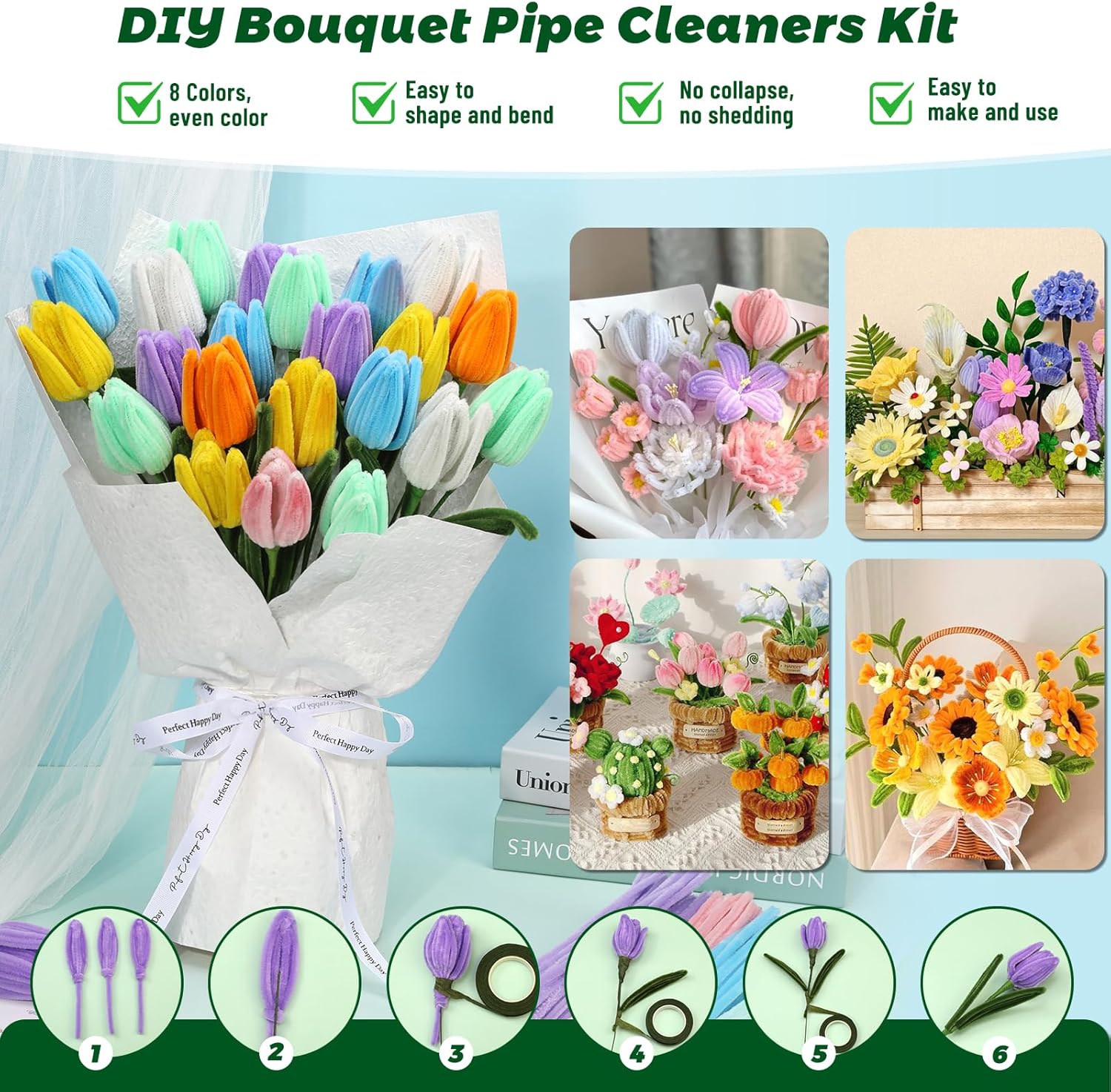 ZXIIXZ 550 Pcs Pipe Cleaners Craft, 8 Colors Pipe Cleaners Bulk Flower Kit, Chenille Stems Fuzzy Sticks Craft Supplies for Flower Making, Festival Home Art Decor