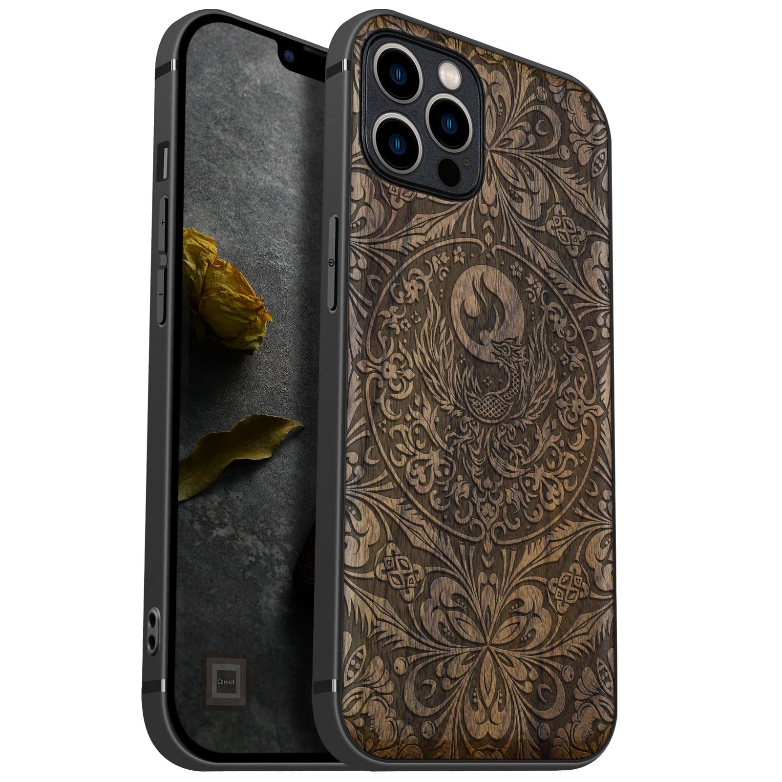 Carveit Magnetic Wood Case for iPhone 12 Pro Max Case [Natural Wood & Black Soft TPU] Shockproof Protective Unique Wooden Cover Compatible with
