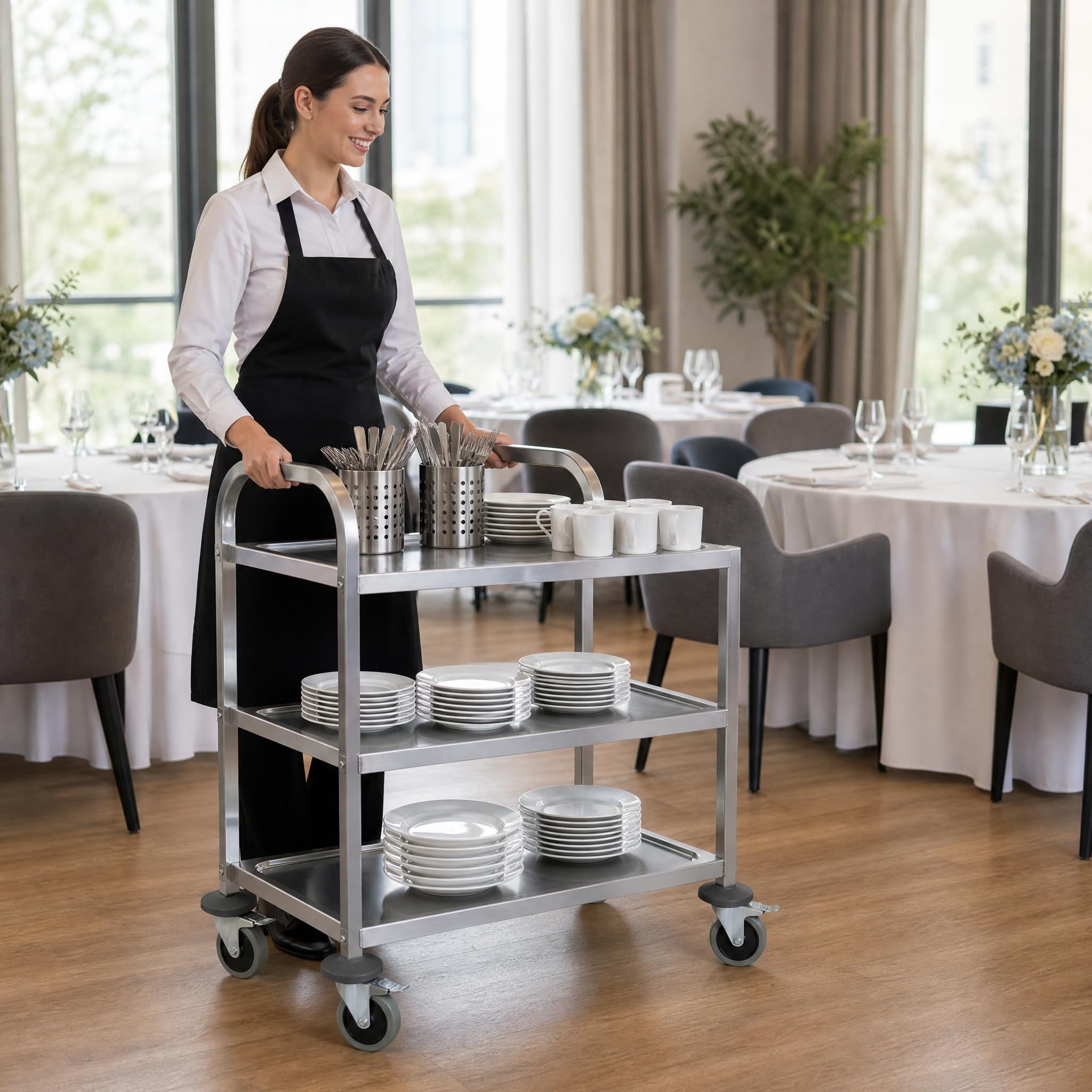 Chariot de Service en Acier Inoxydable avec roulettes Chariot à Main Roues 72x40x82cm