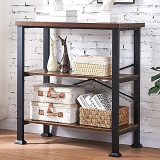HOMBAZAAR Bookshelf, 3-Tier Vintage Industrial Book Shelf, Rustic Wood and Metal Bookcase and Bookshelves, Free Standing Storage Small Bookshelf for Living Room, Bedroom and Kitchen, Brown