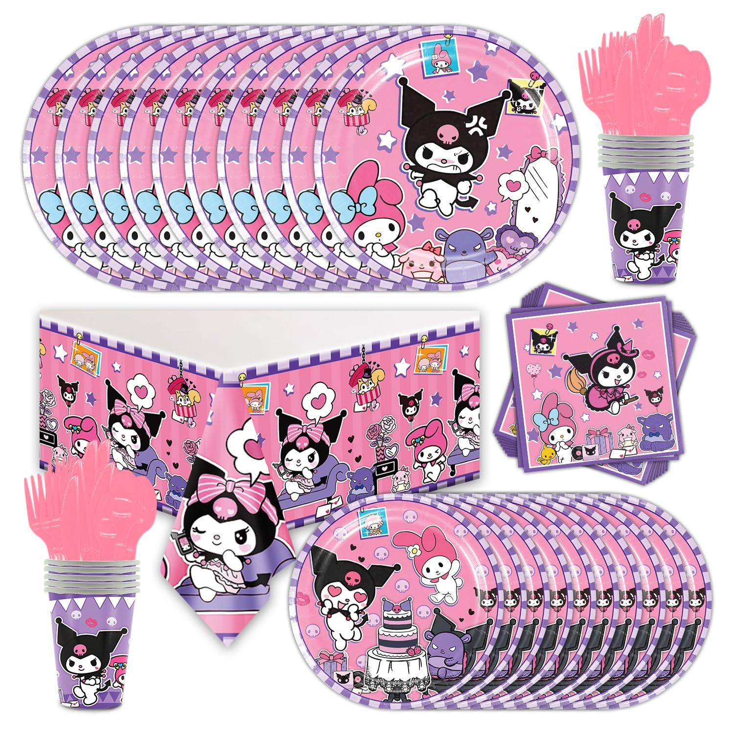 Roffatide 81 PCs Cute Melody Anime Party Plates and Cups and Napkins sets for Girl Boys Birthday Kawaii Party Supplies ,Anime Cosplay Girl Birthday Decorations Serves 10 Guests