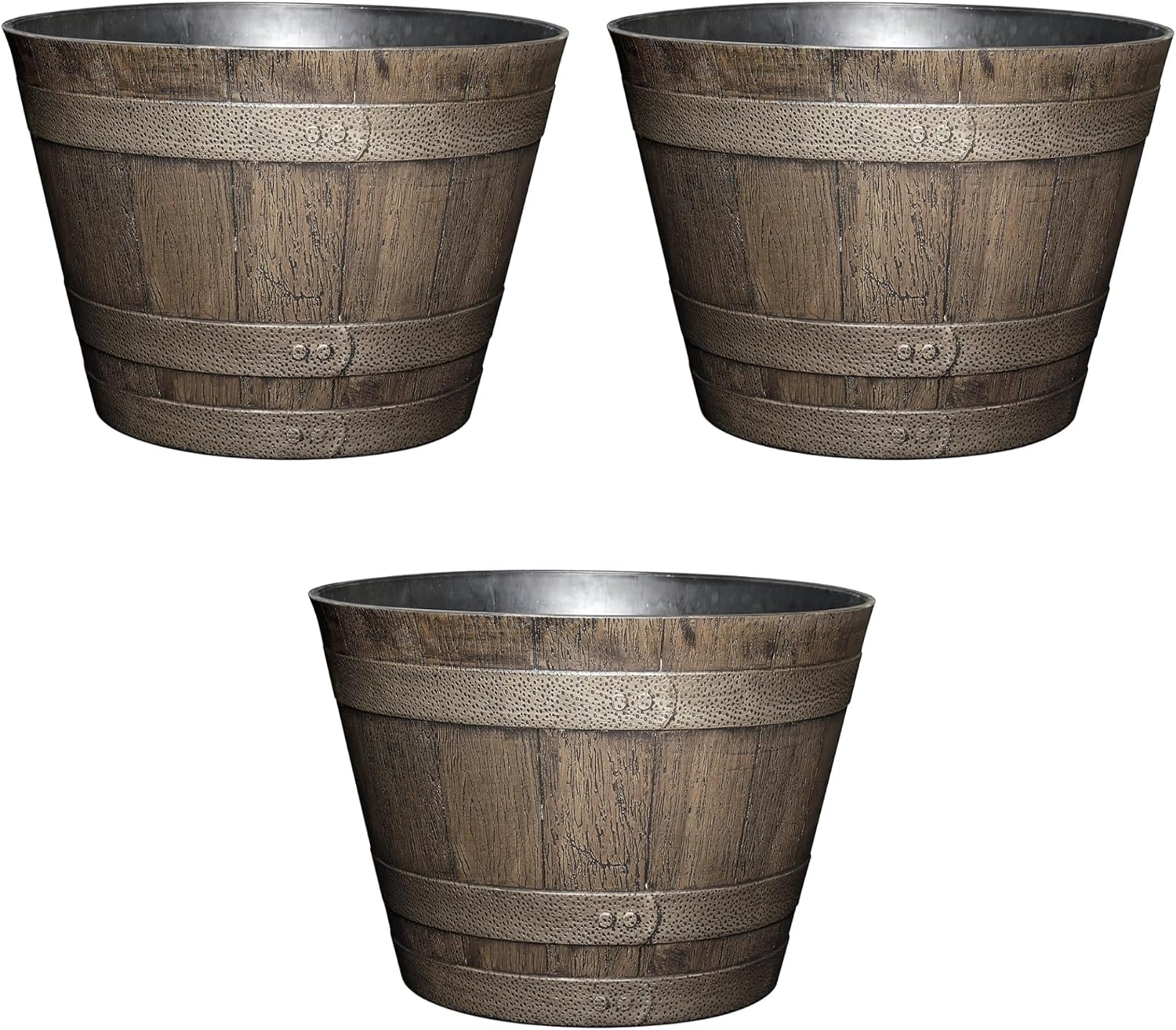 Classic Home and Garden Outdoor Whiskey Resin Flower Pot Barrel Planter, Walnut Brown, 20.5" (2 Pack)