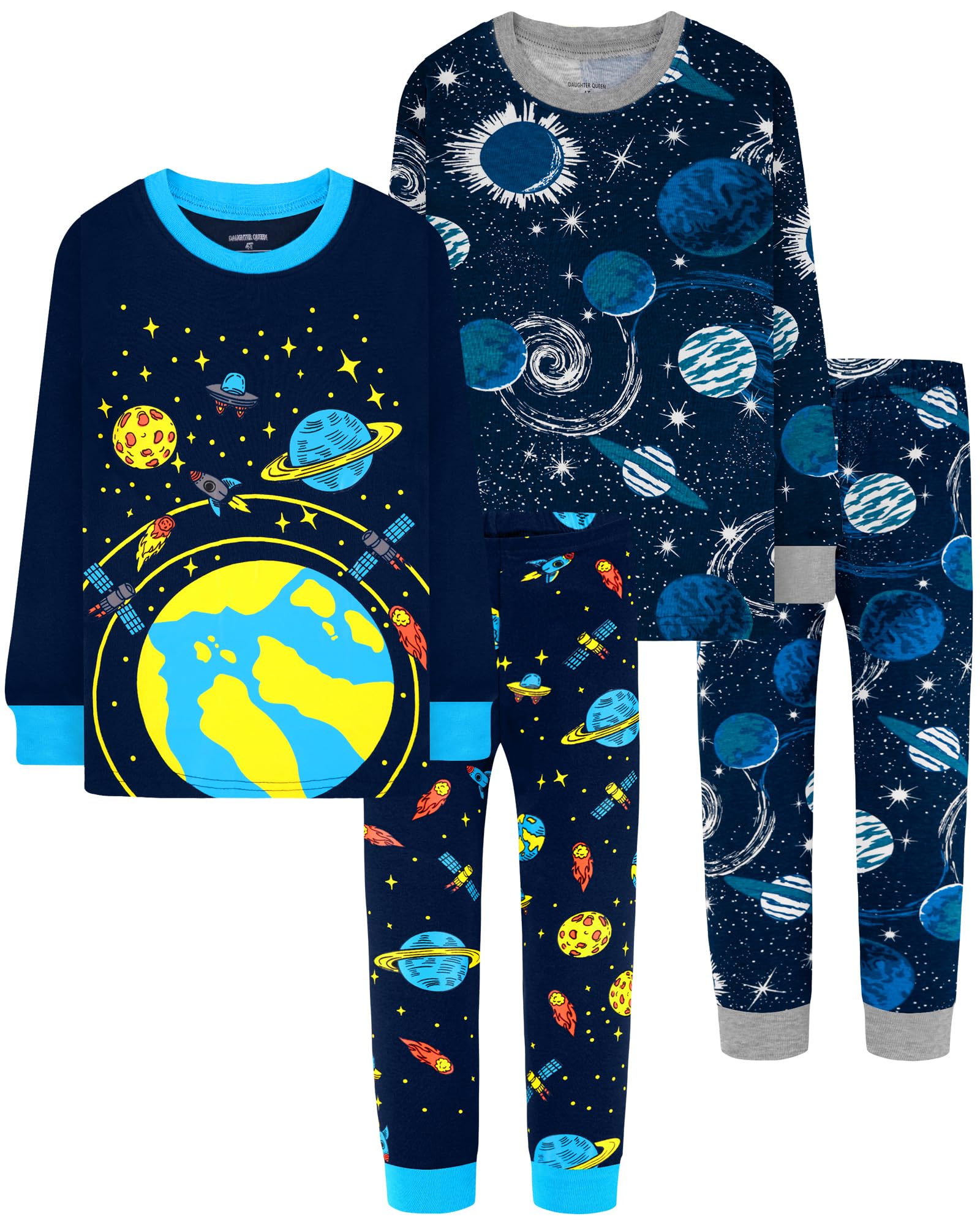 DAUGHTER QUEEN Boys Pajamas 4 Pieces Long Set 100% Cotton Sleepwear Size 18 Months-12 Years