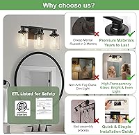 Vista 2 de DORESshop 17 Inch Bathroom Light Fixtures, 3-Light Black Bathroom Lighting Fixtures Over Mirror with Clear Glass Shade, Vanity Lights for Bathroom