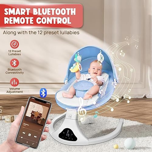 Miniatura 2 de Columpio inteligente para bebé con Bluetooth con control remoto, balanceo suave de 5 velocidades, columpio portátil para bebés con asiento lavable a