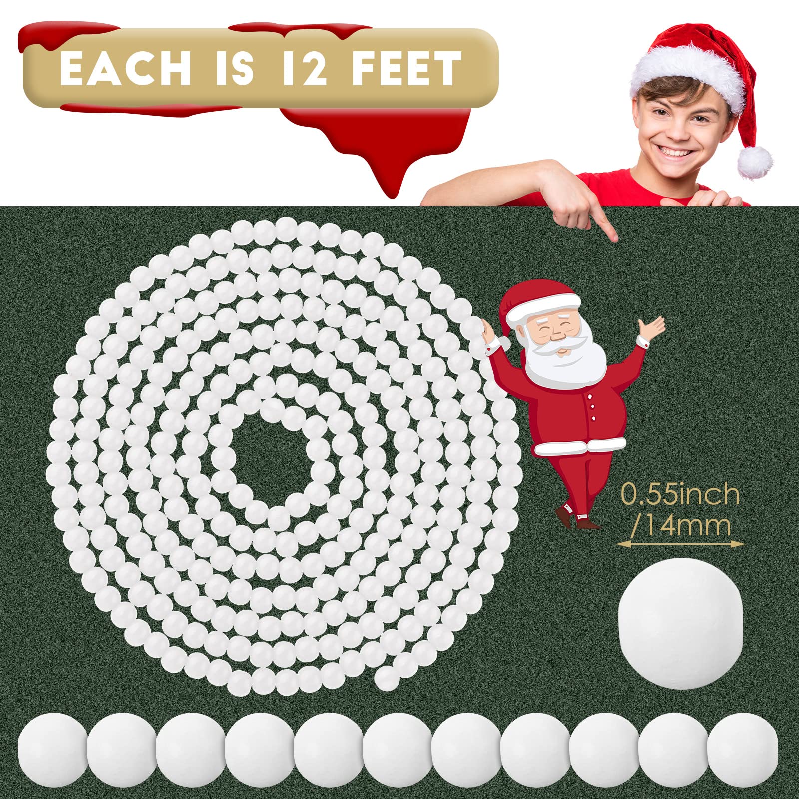 Giegxin Lot de 4 guirlandes de perles de Noël en bois pour sapin de Noël - Décoration d'intérieur rustique - Décoration murale bohème pour fêtes de Noël - 12,5 m (blanc)