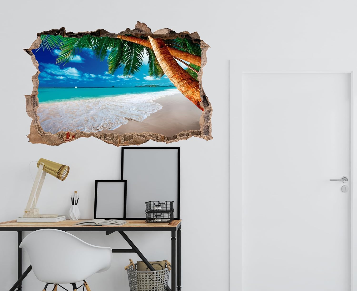 Beach Wall Decals Peel and Stick - Beach Wall Decor - Seascape with Palm Tree Smashed Wall Sticker - Beach Wall Art Mural - Nature Landscape Wall Decal for Home Bedroom Decor (Wide 32"x21" Height)