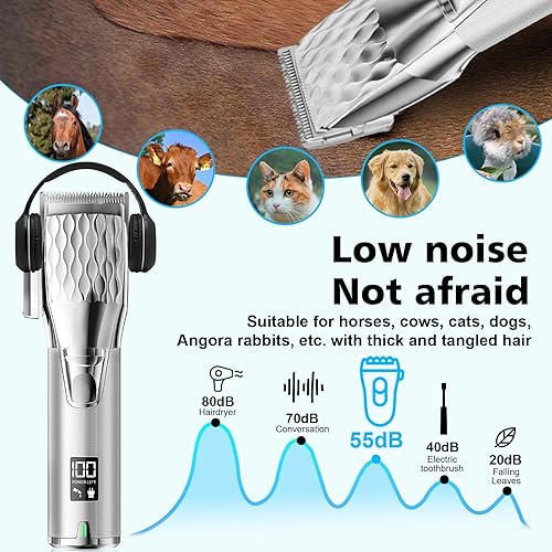 Horse Clippers, Cordless Trimmers Grooming Kit with 2500mAh Battery，Low Noise Heavy Duty Body Clipping Machine with LED Display, Suitable for Horse, Cattle, Cat, Dog with Thick/Tangled Coat
