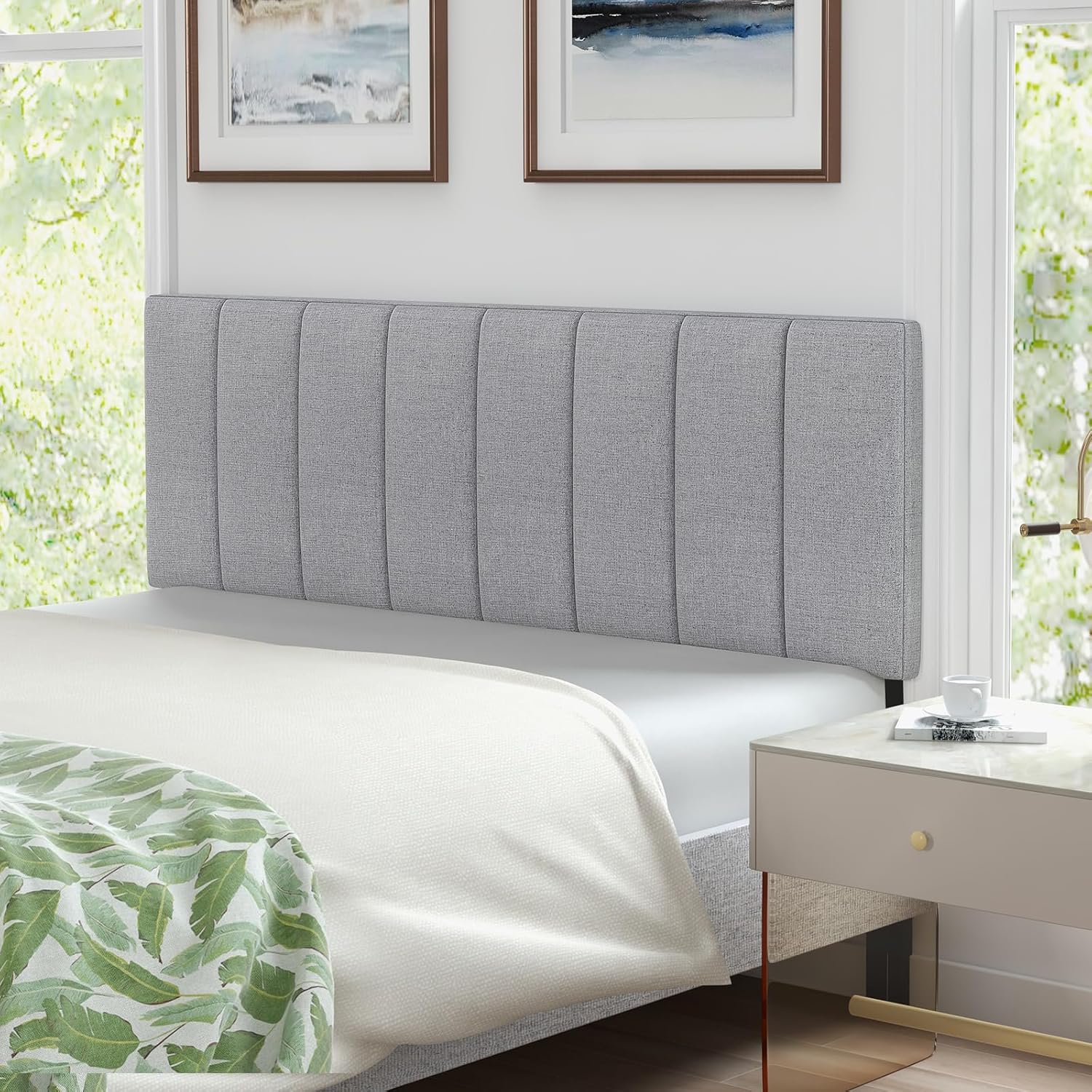 Giantex Linen Upholstered Headboard, Adjustable Width Button Tufted Headboard Only with Solid Wood Legs, Attach Frame, Modern Headboards for Queen Full Size Bed, Gray